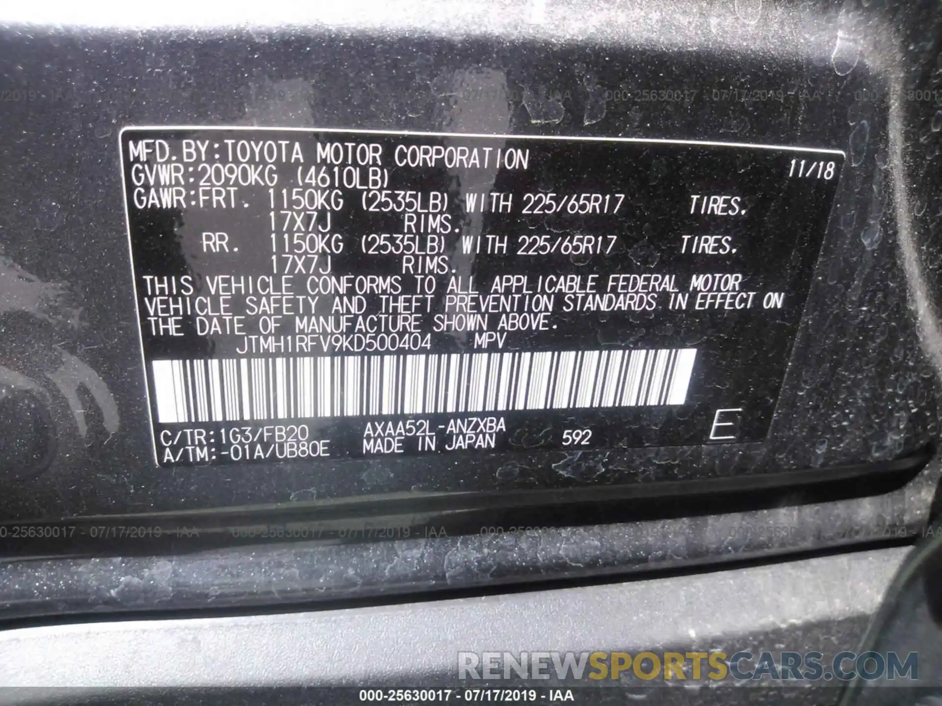 9 Фотография поврежденного автомобиля JTMH1RFV9KD500404 TOYOTA RAV4 2019