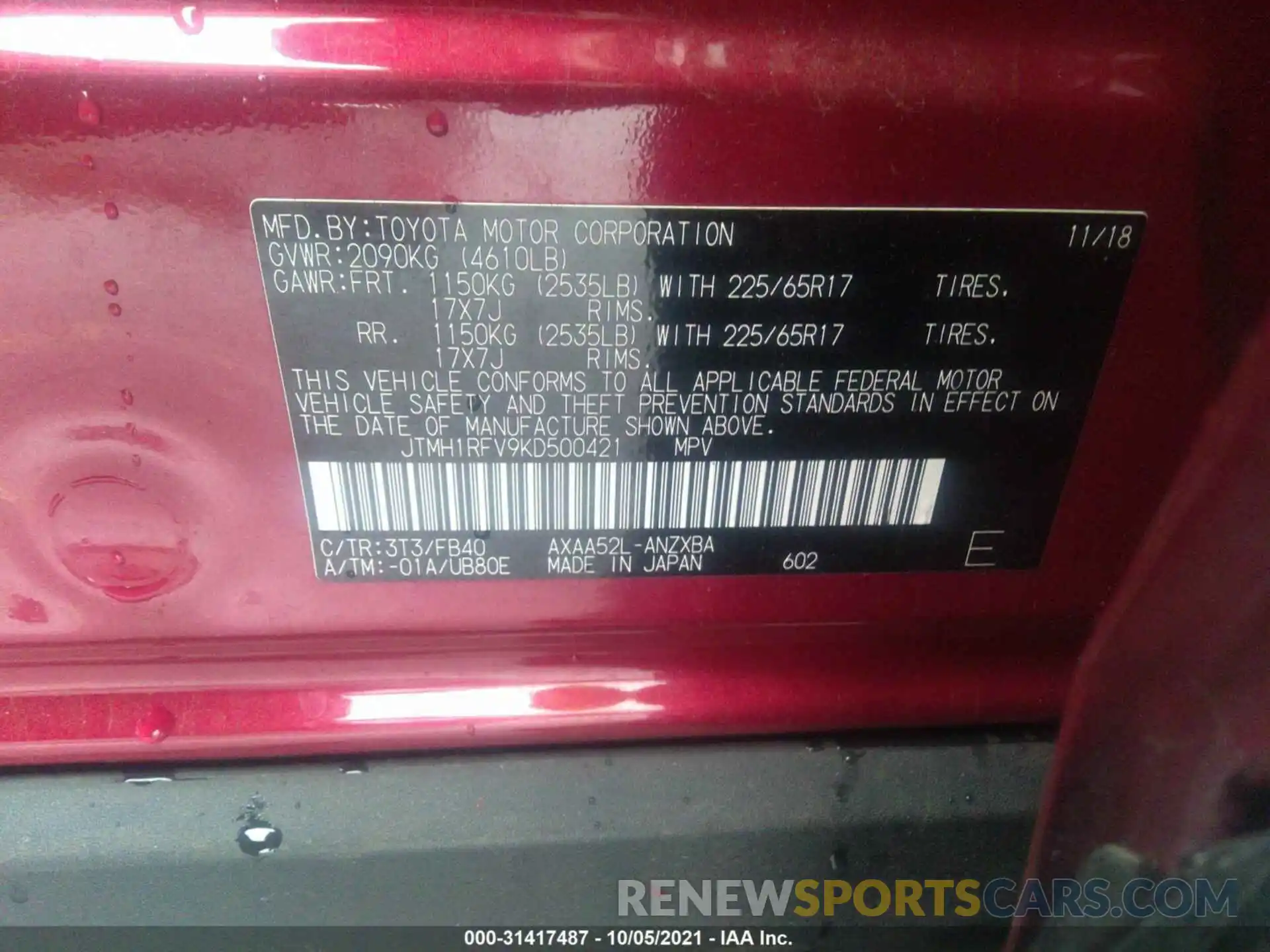 9 Фотография поврежденного автомобиля JTMH1RFV9KD500421 TOYOTA RAV4 2019