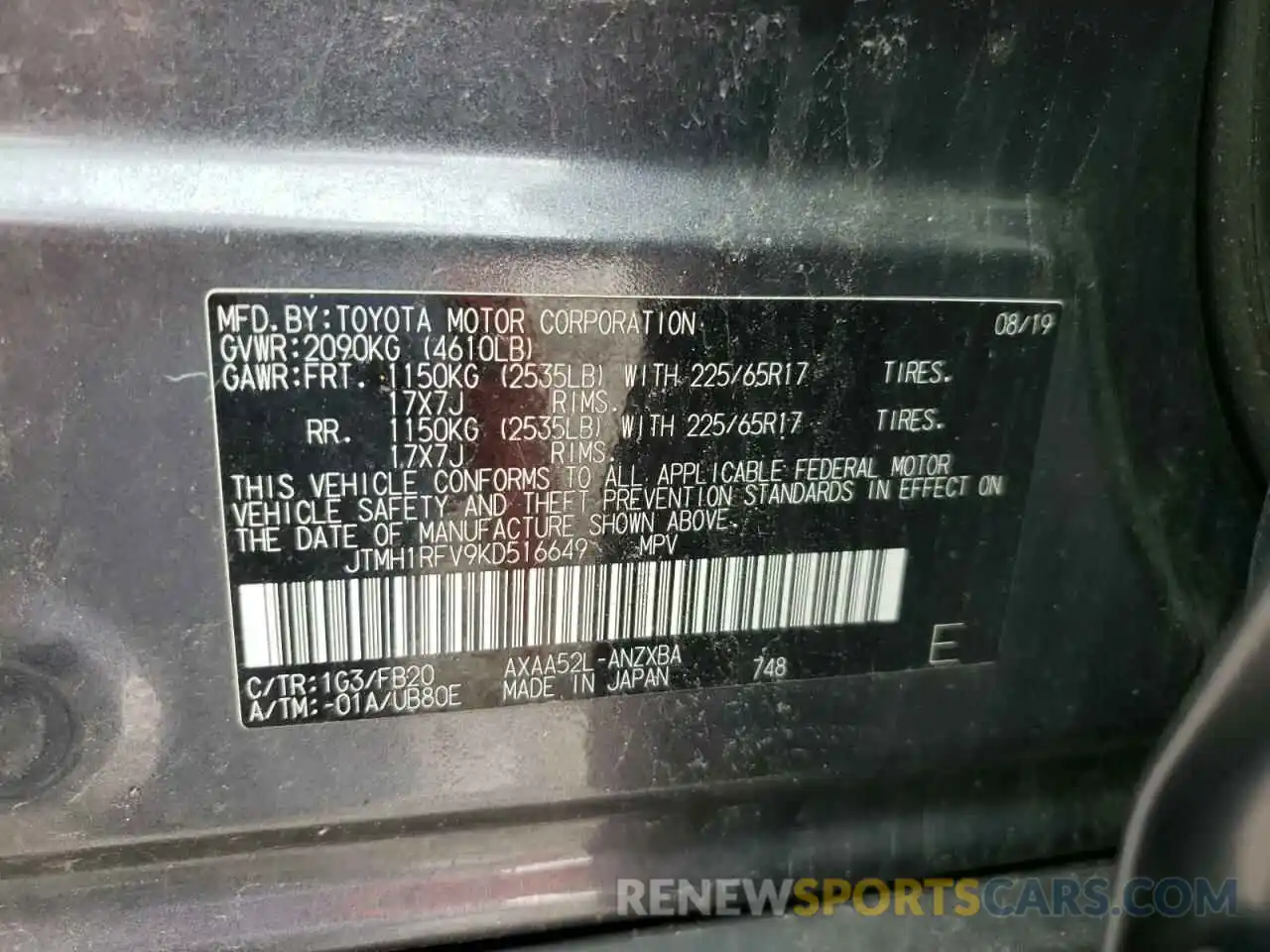 10 Фотография поврежденного автомобиля JTMH1RFV9KD516649 TOYOTA RAV4 2019