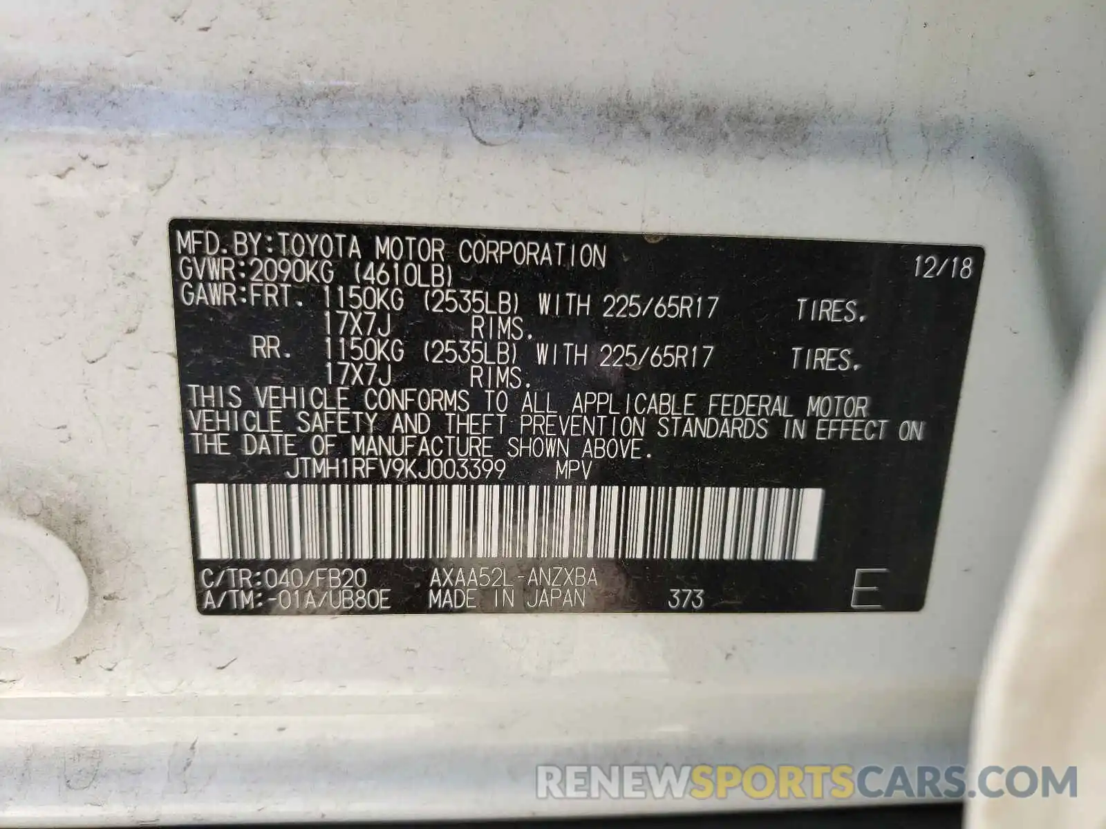 10 Photograph of a damaged car JTMH1RFV9KJ003399 TOYOTA RAV4 2019