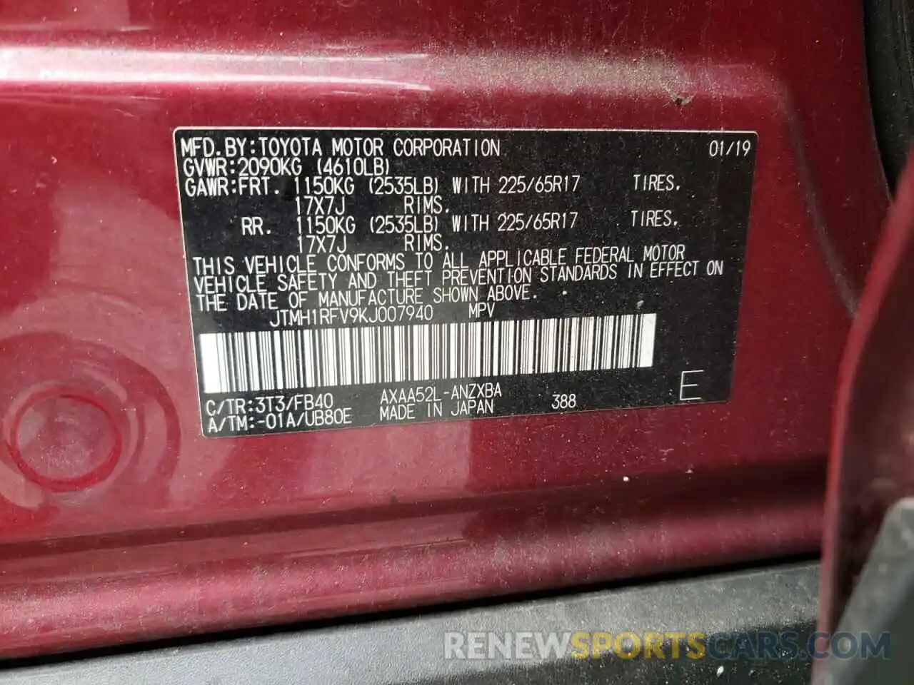 10 Photograph of a damaged car JTMH1RFV9KJ007940 TOYOTA RAV4 2019