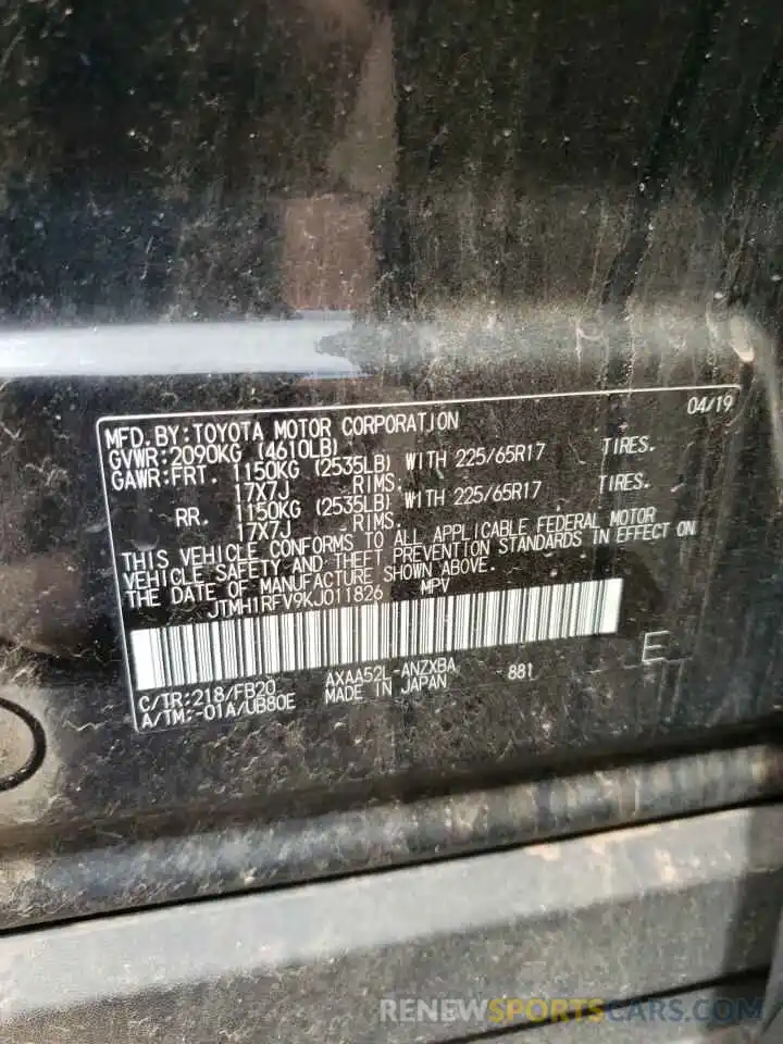 10 Photograph of a damaged car JTMH1RFV9KJ011826 TOYOTA RAV4 2019