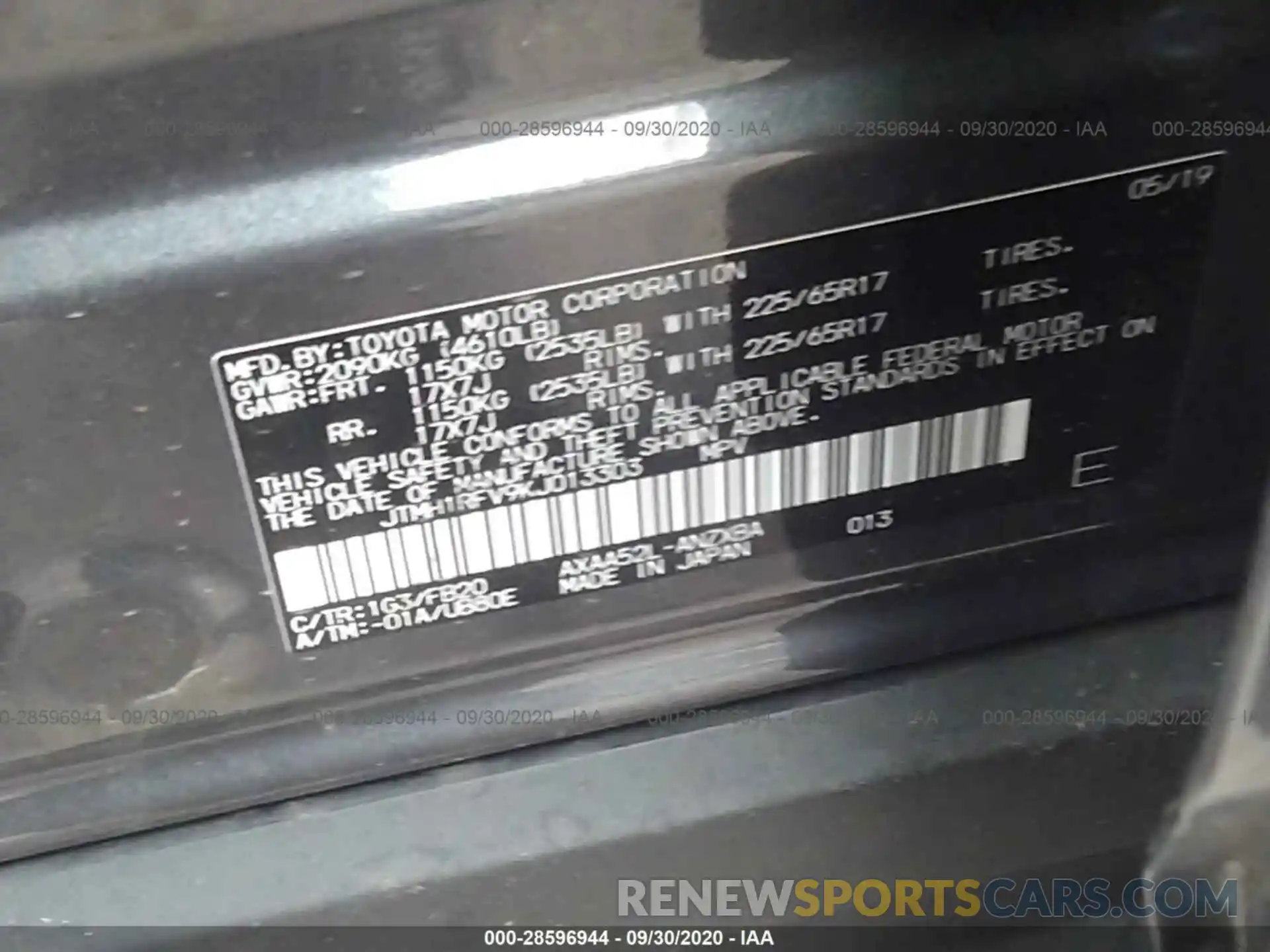 9 Фотография поврежденного автомобиля JTMH1RFV9KJ013303 TOYOTA RAV4 2019