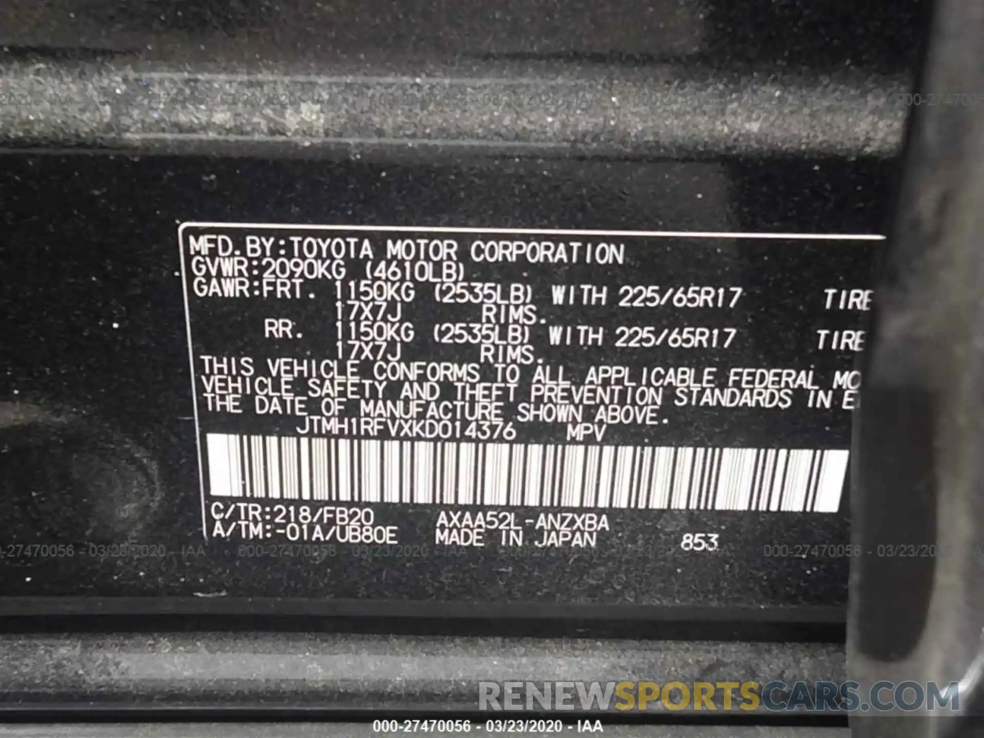 9 Фотография поврежденного автомобиля JTMH1RFVXKD014376 TOYOTA RAV4 2019