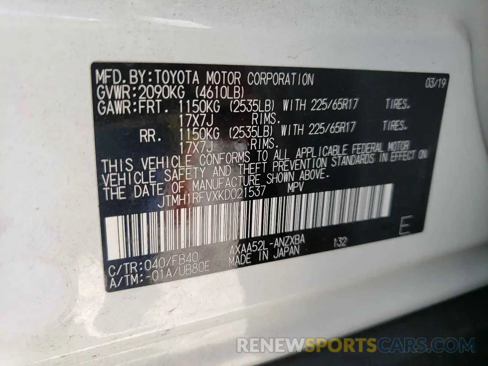 10 Фотография поврежденного автомобиля JTMH1RFVXKD021537 TOYOTA RAV4 2019