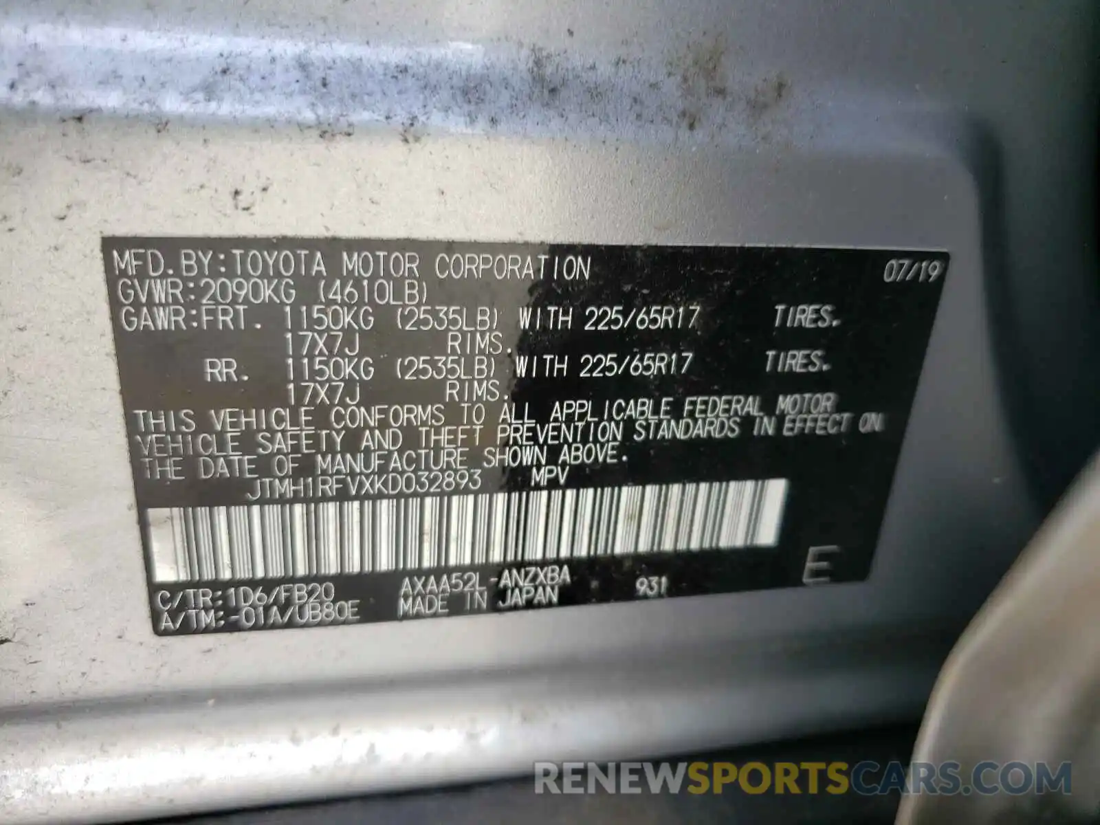 10 Photograph of a damaged car JTMH1RFVXKD032893 TOYOTA RAV4 2019