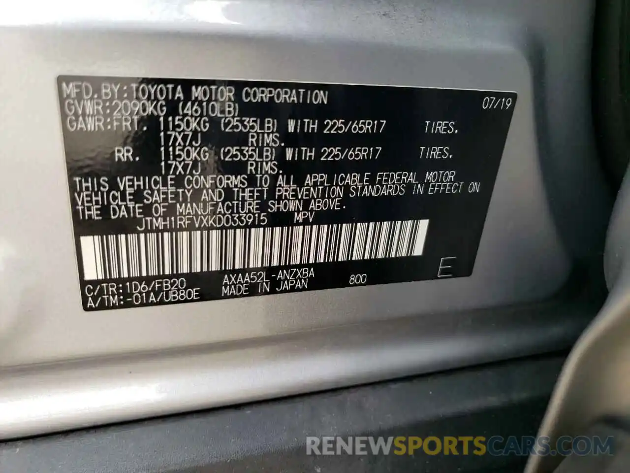 12 Фотография поврежденного автомобиля JTMH1RFVXKD033915 TOYOTA RAV4 2019