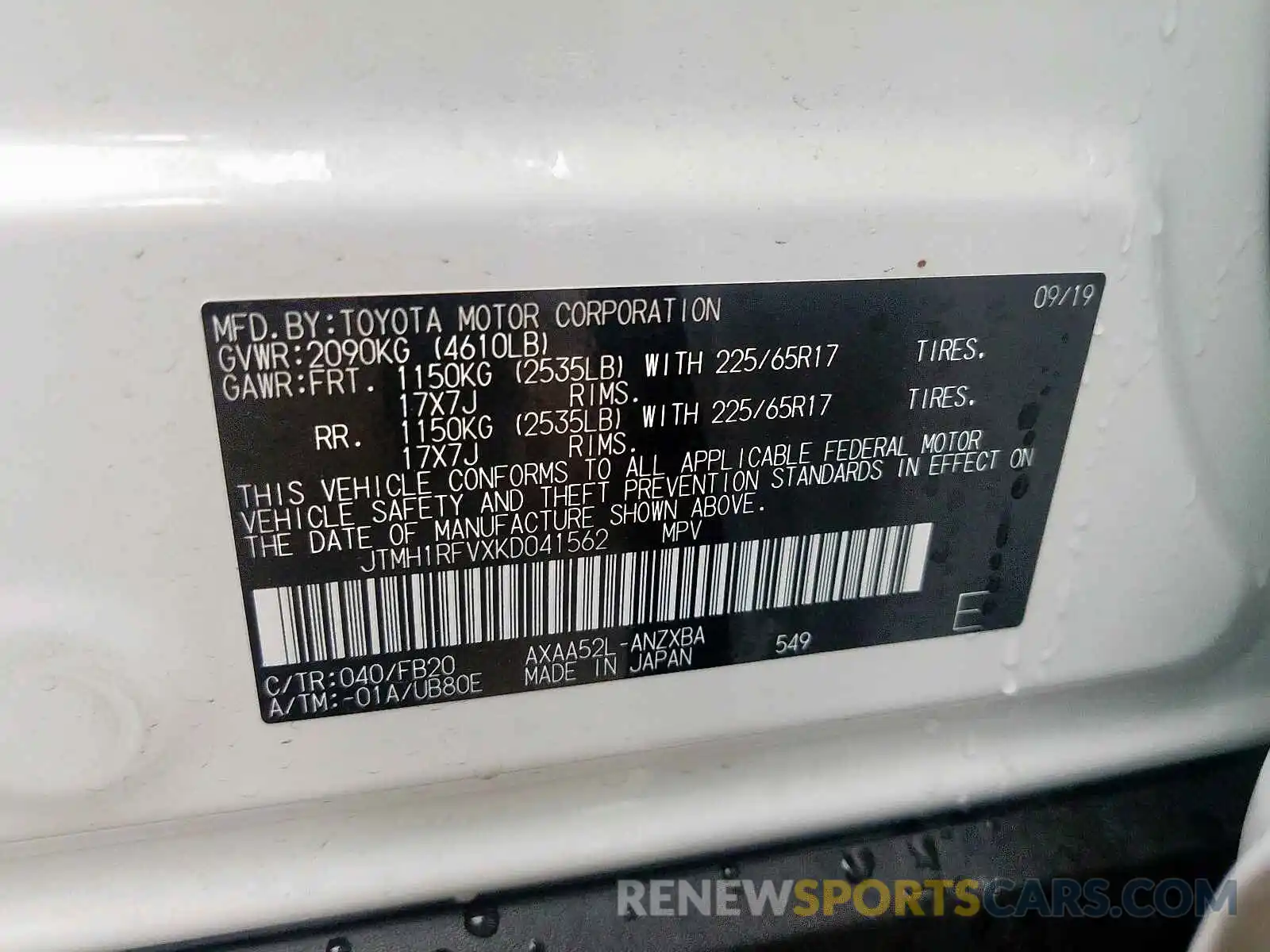 10 Photograph of a damaged car JTMH1RFVXKD041562 TOYOTA RAV4 2019