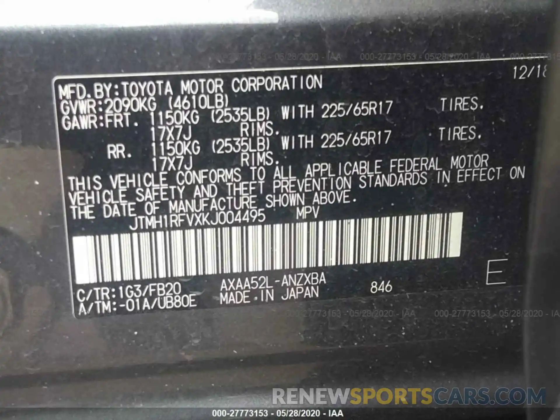 9 Фотография поврежденного автомобиля JTMH1RFVXKJ004495 TOYOTA RAV4 2019