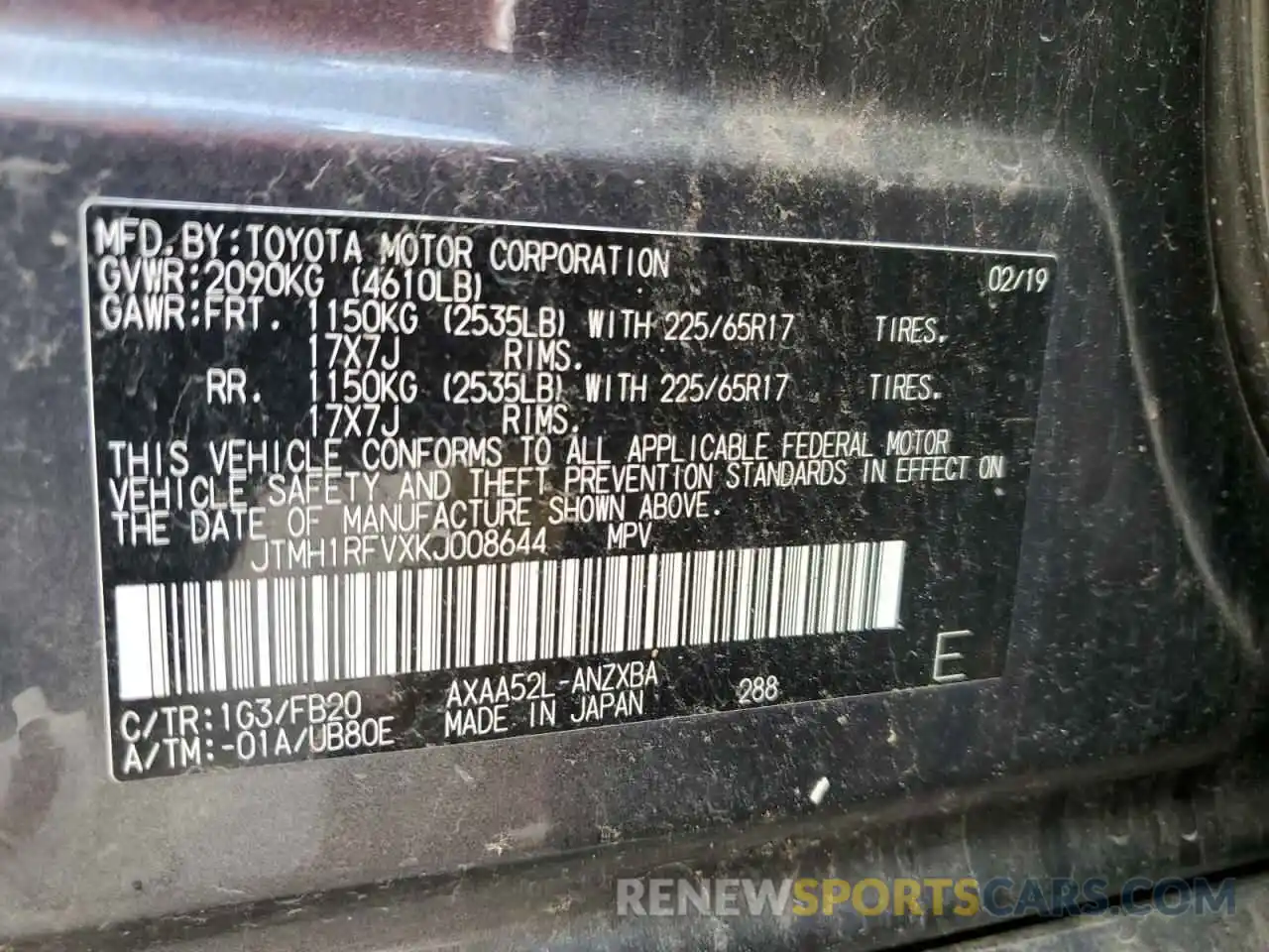 12 Фотография поврежденного автомобиля JTMH1RFVXKJ008644 TOYOTA RAV4 2019