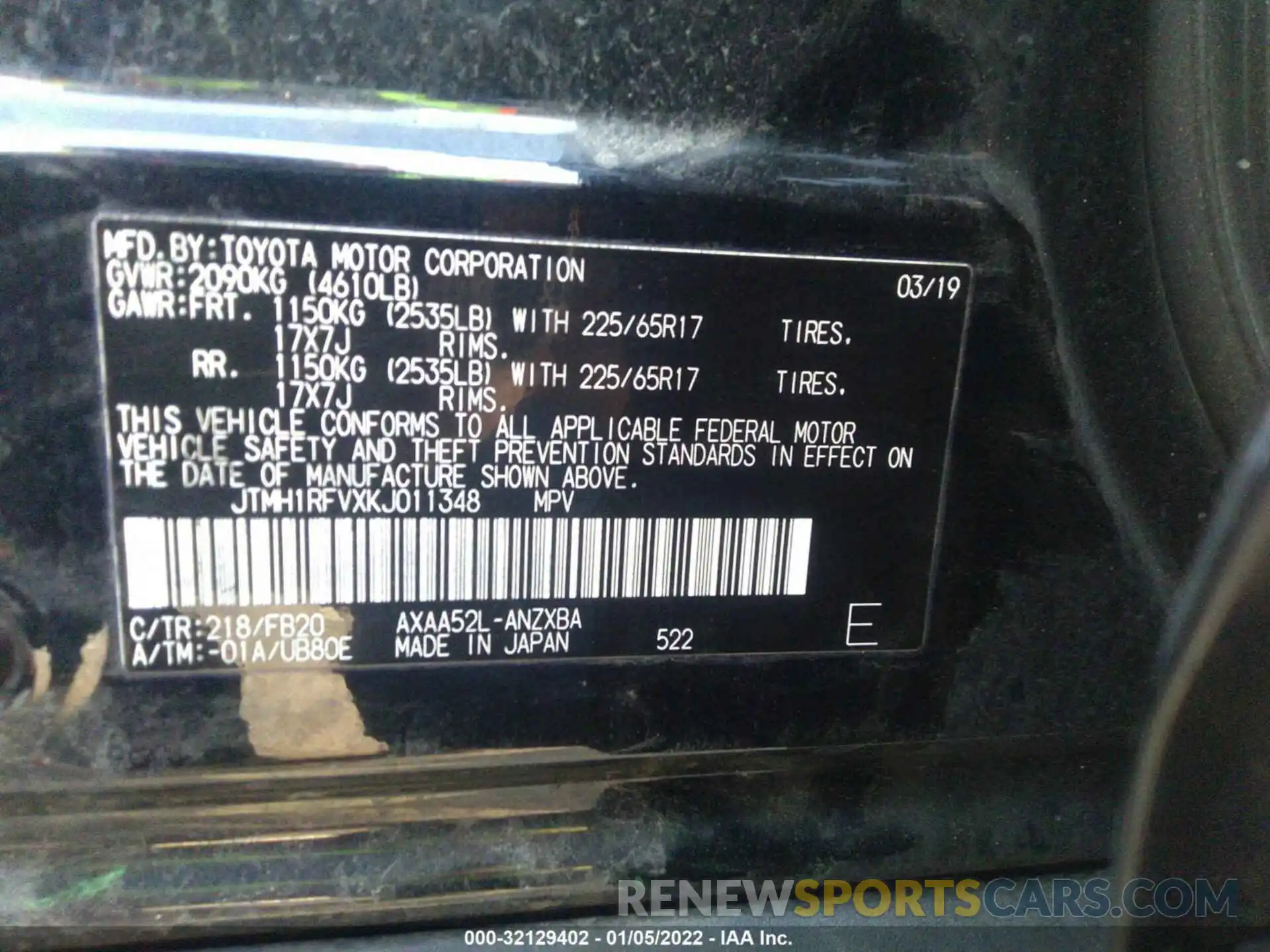 9 Фотография поврежденного автомобиля JTMH1RFVXKJ011348 TOYOTA RAV4 2019