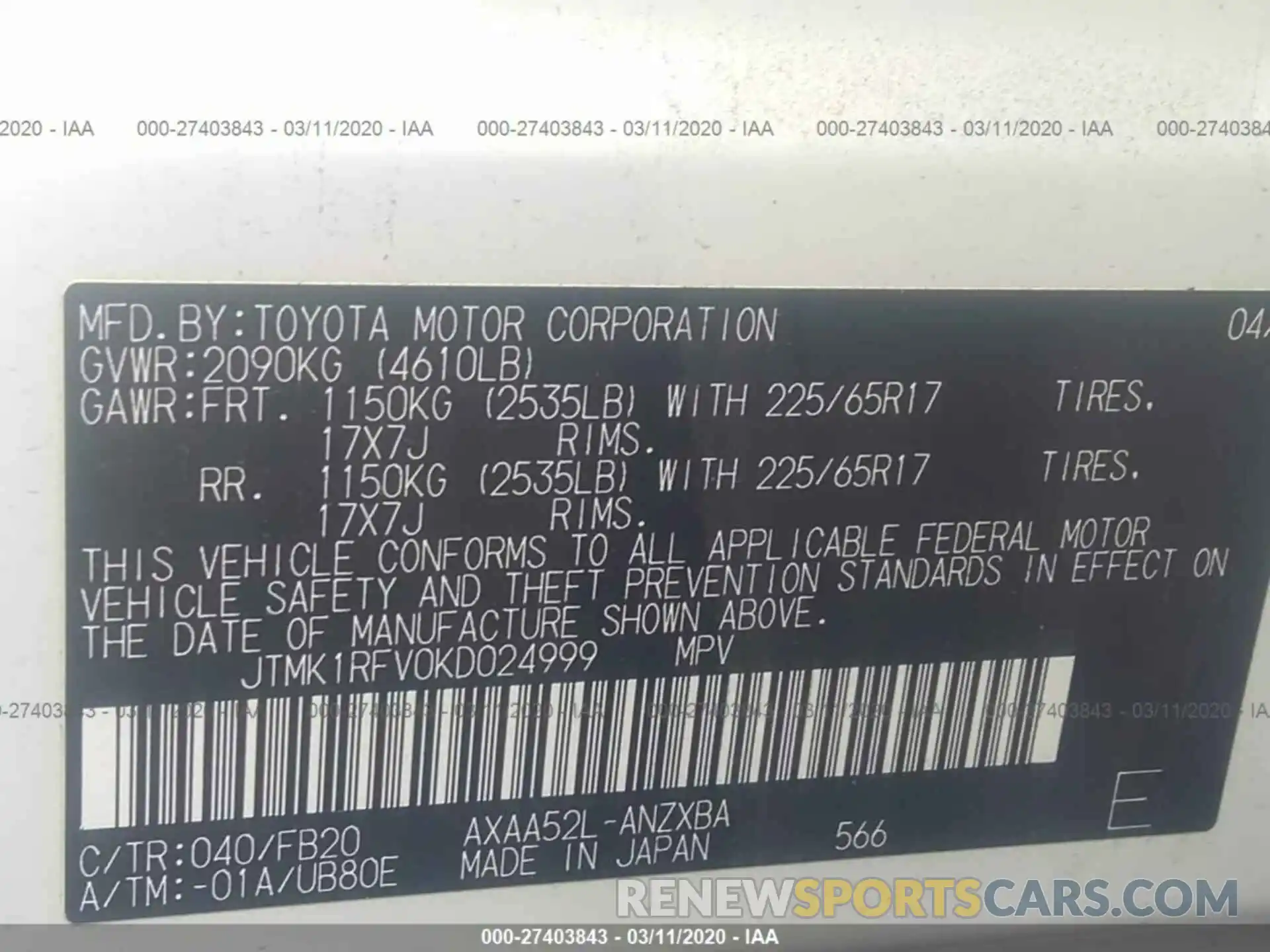 9 Фотография поврежденного автомобиля JTMK1RFV0KD024999 TOYOTA RAV4 2019