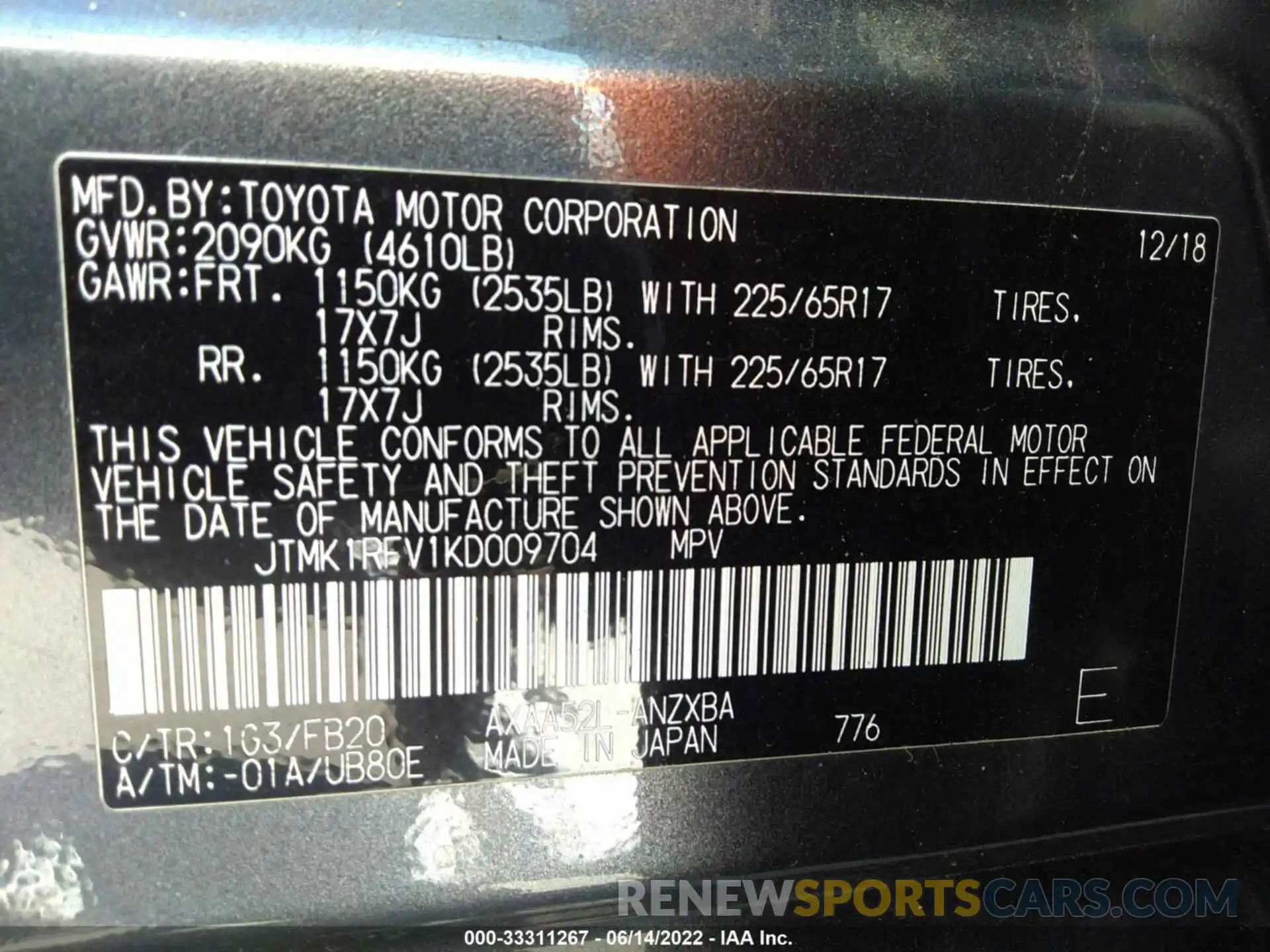 9 Фотография поврежденного автомобиля JTMK1RFV1KD009704 TOYOTA RAV4 2019