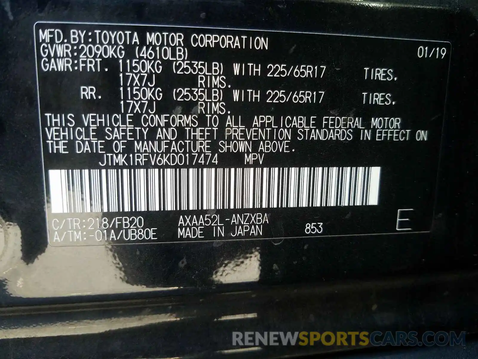 10 Фотография поврежденного автомобиля JTMK1RFV6KD017474 TOYOTA RAV4 2019