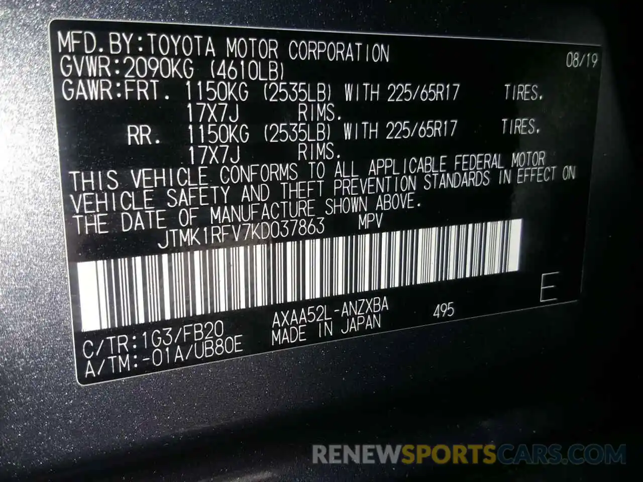 10 Фотография поврежденного автомобиля JTMK1RFV7KD037863 TOYOTA RAV4 2019