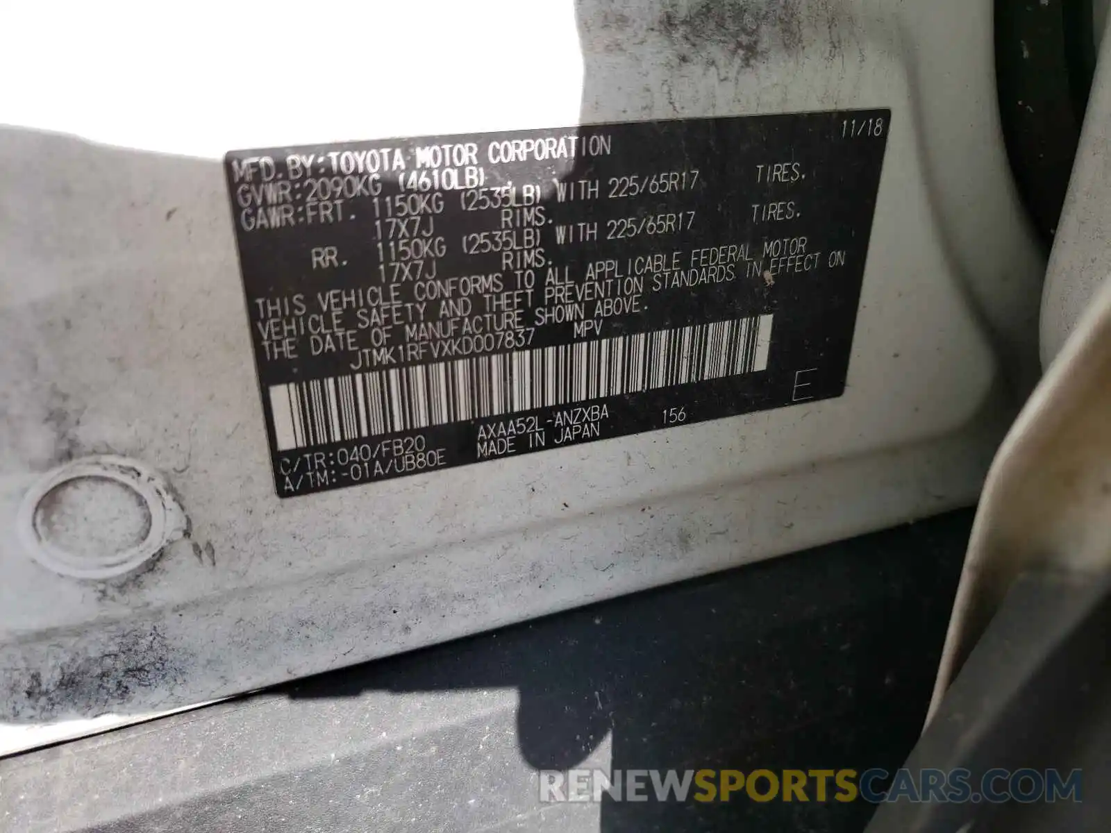 10 Photograph of a damaged car JTMK1RFVXKD007837 TOYOTA RAV4 2019