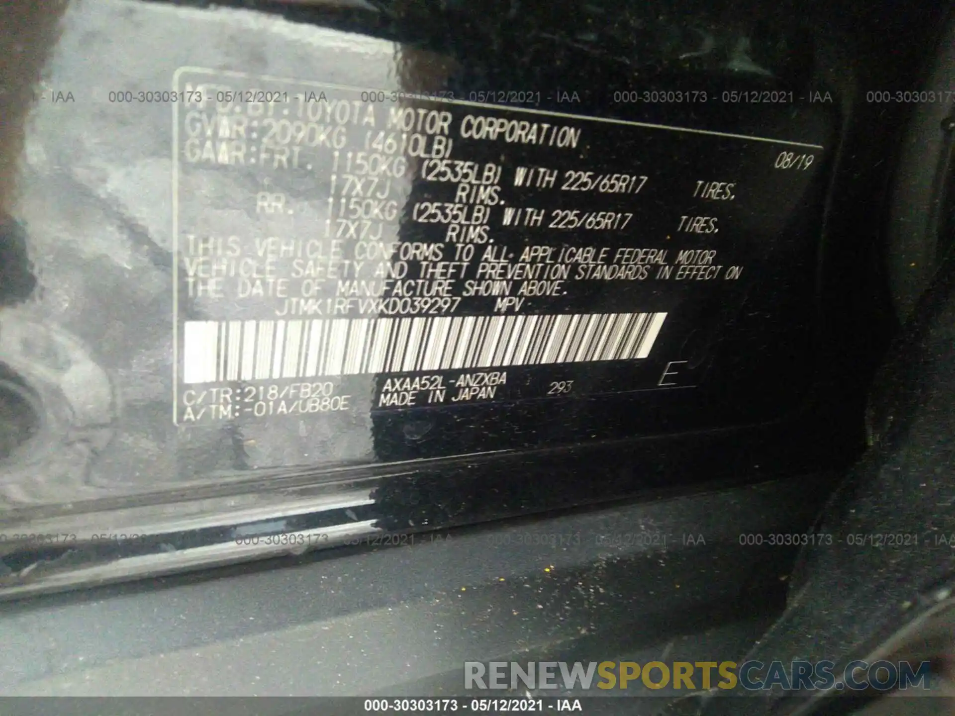 9 Photograph of a damaged car JTMK1RFVXKD039297 TOYOTA RAV4 2019