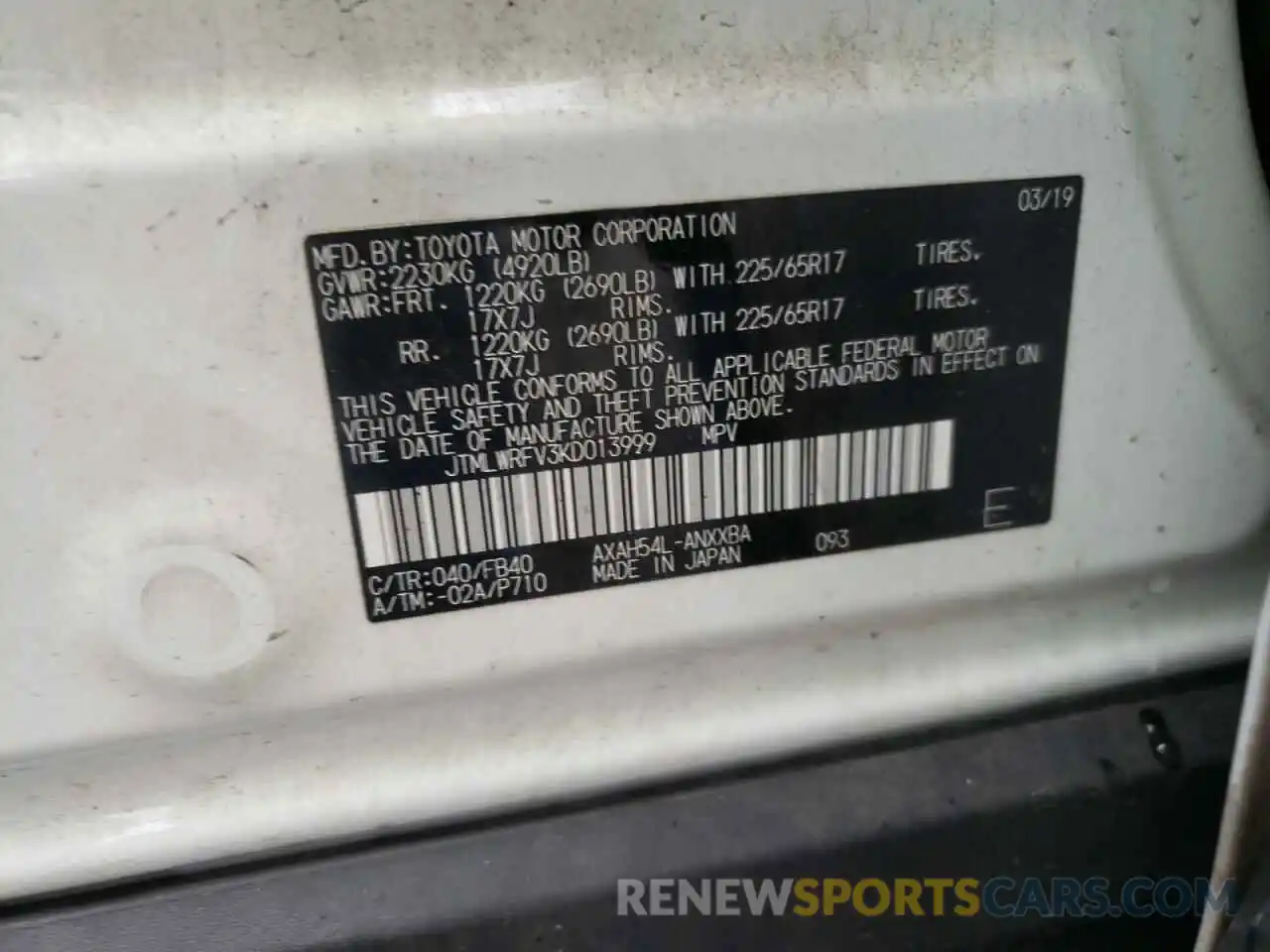 10 Photograph of a damaged car JTMLWRFV3KD013999 TOYOTA RAV4 2019