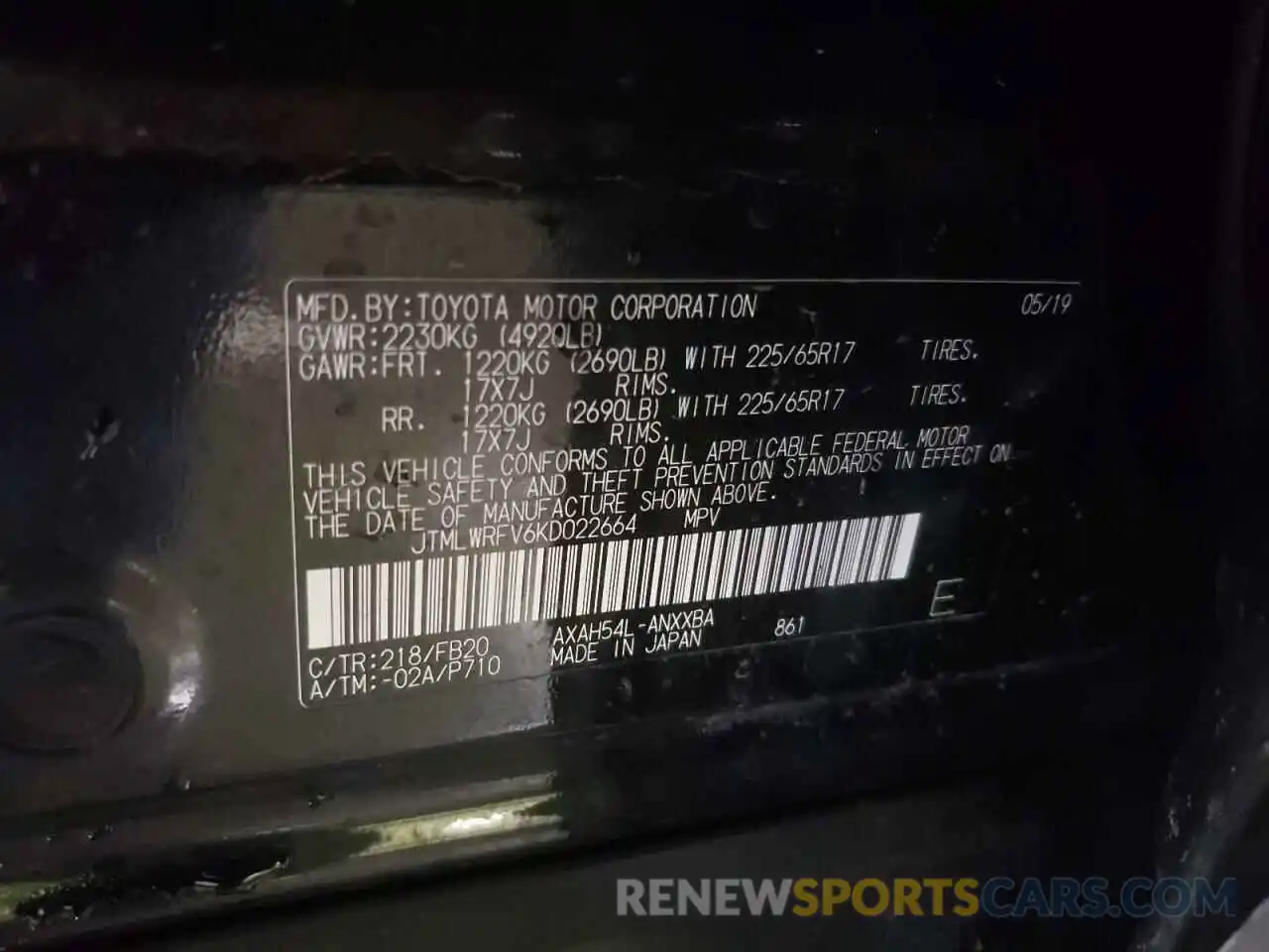 10 Photograph of a damaged car JTMLWRFV6KD022664 TOYOTA RAV4 2019