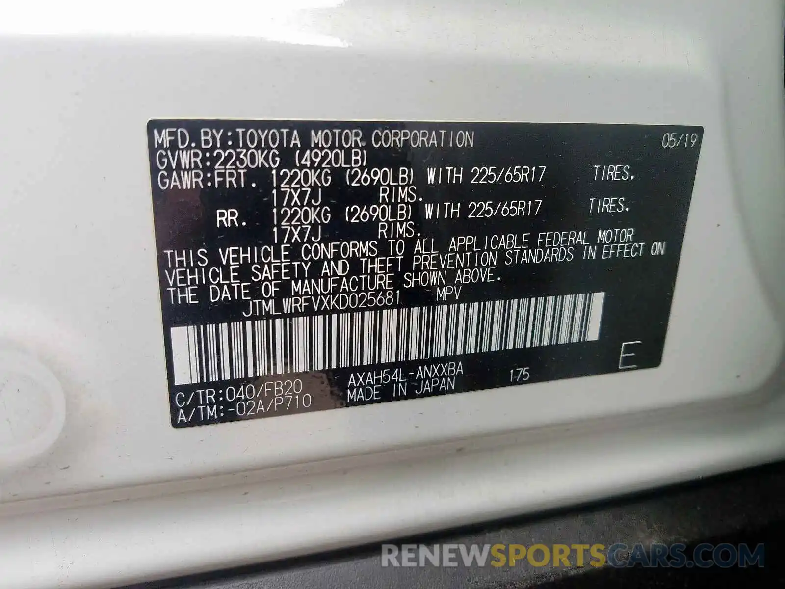 10 Фотография поврежденного автомобиля JTMLWRFVXKD025681 TOYOTA RAV4 2019