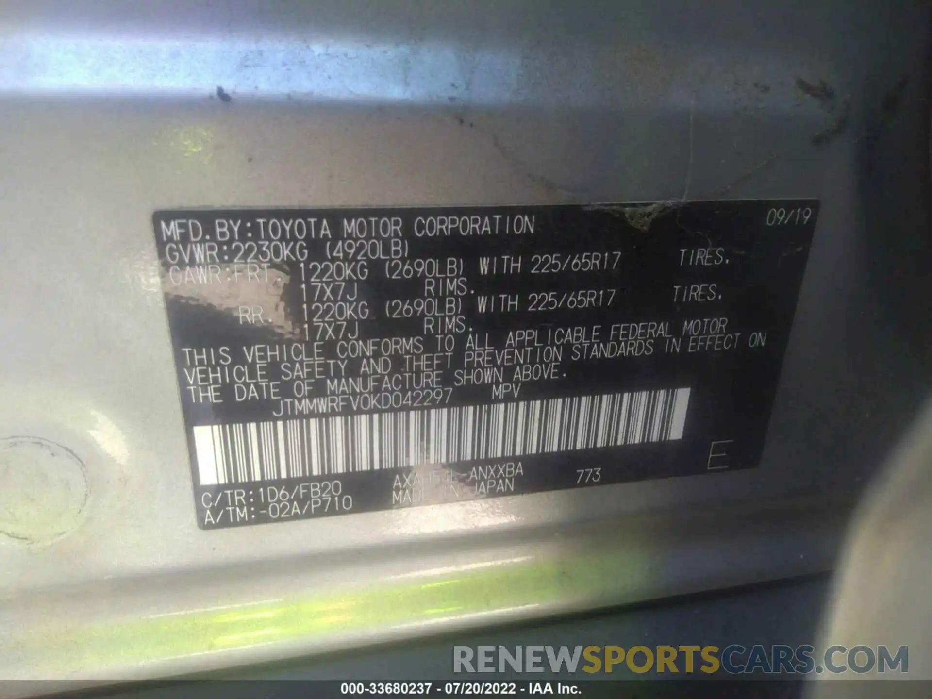 9 Фотография поврежденного автомобиля JTMMWRFV0KD042297 TOYOTA RAV4 2019