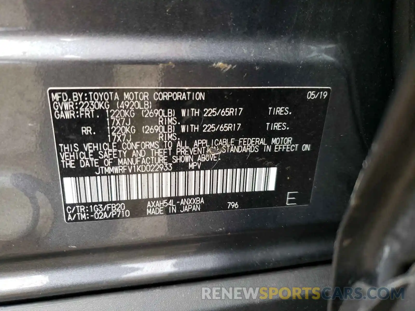 10 Фотография поврежденного автомобиля JTMMWRFV1KD022933 TOYOTA RAV4 2019