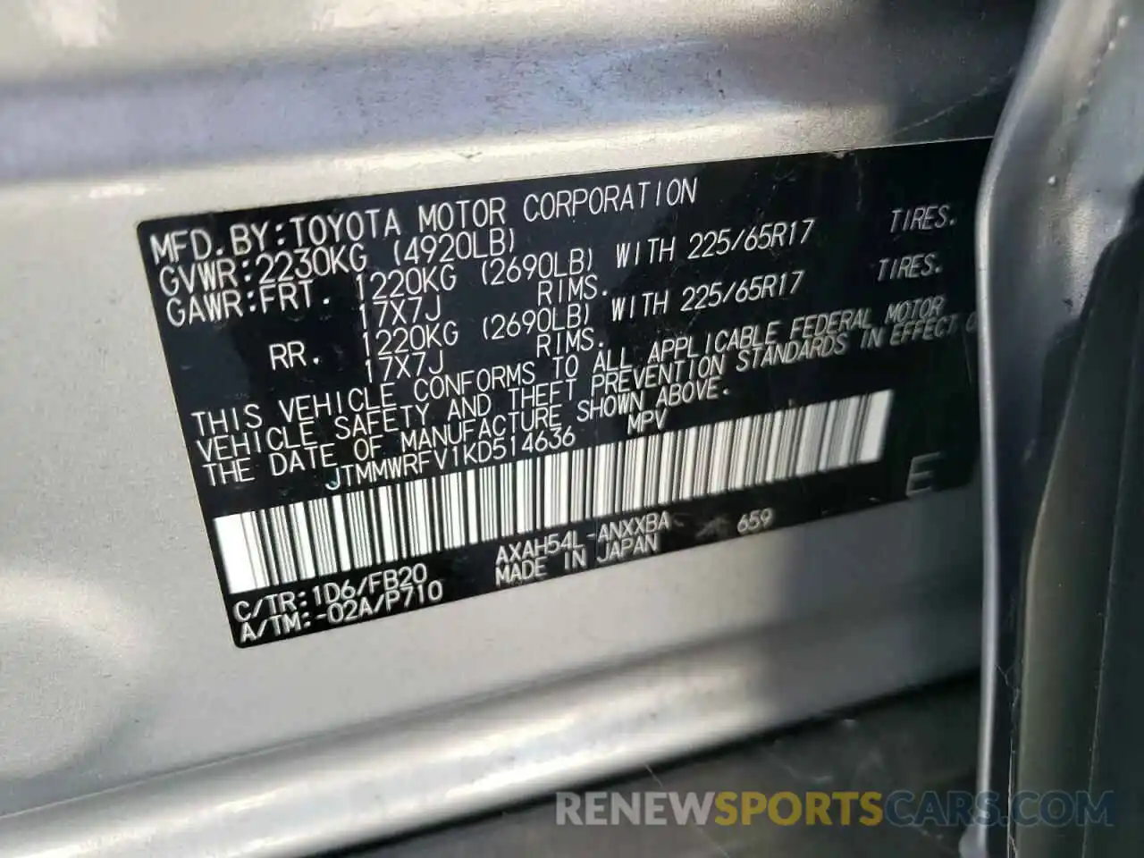 10 Фотография поврежденного автомобиля JTMMWRFV1KD514636 TOYOTA RAV4 2019