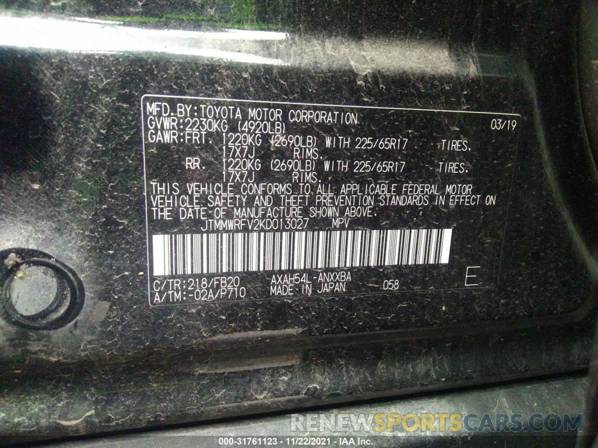 9 Фотография поврежденного автомобиля JTMMWRFV2KD013027 TOYOTA RAV4 2019