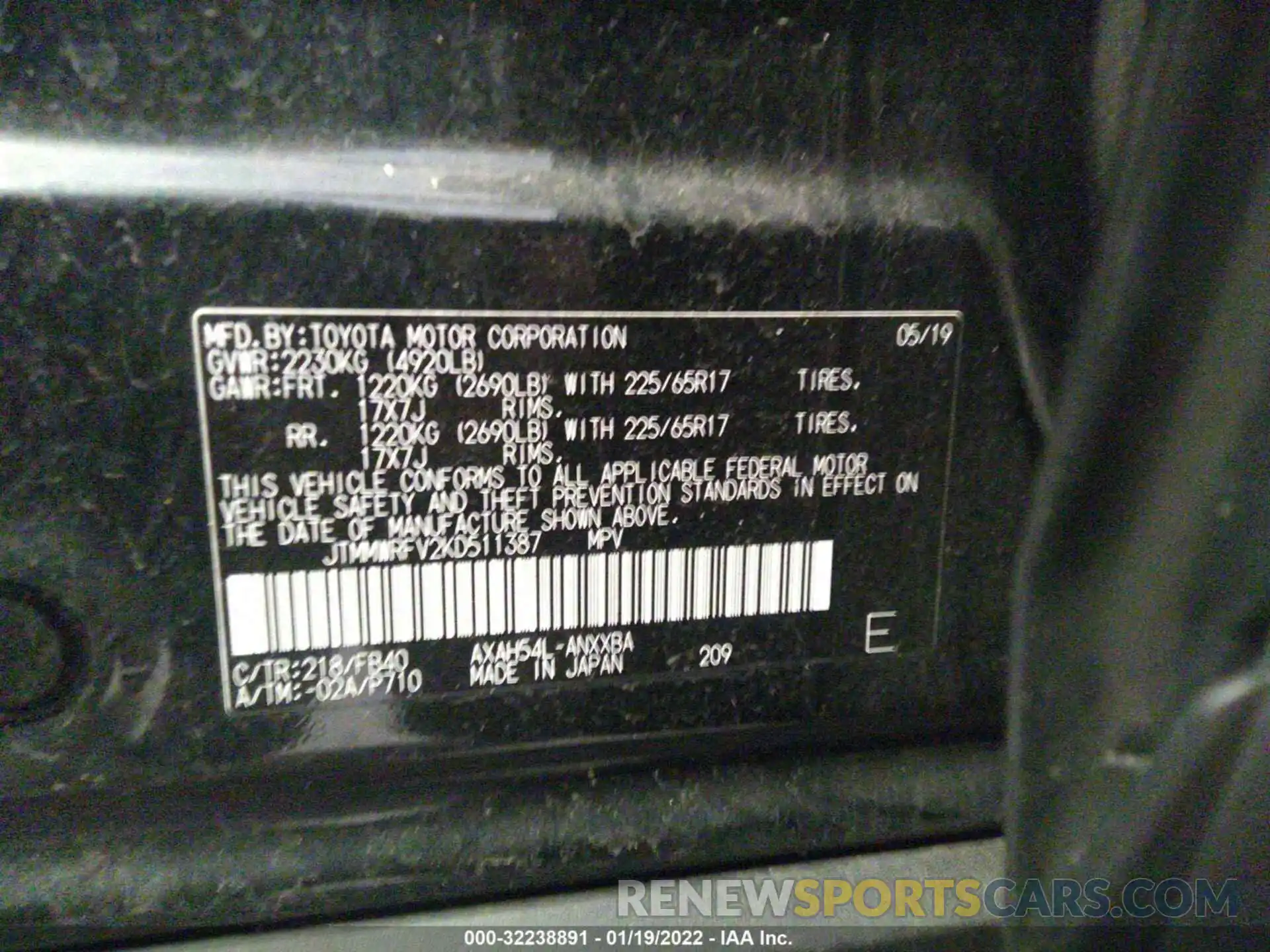 9 Фотография поврежденного автомобиля JTMMWRFV2KD511387 TOYOTA RAV4 2019