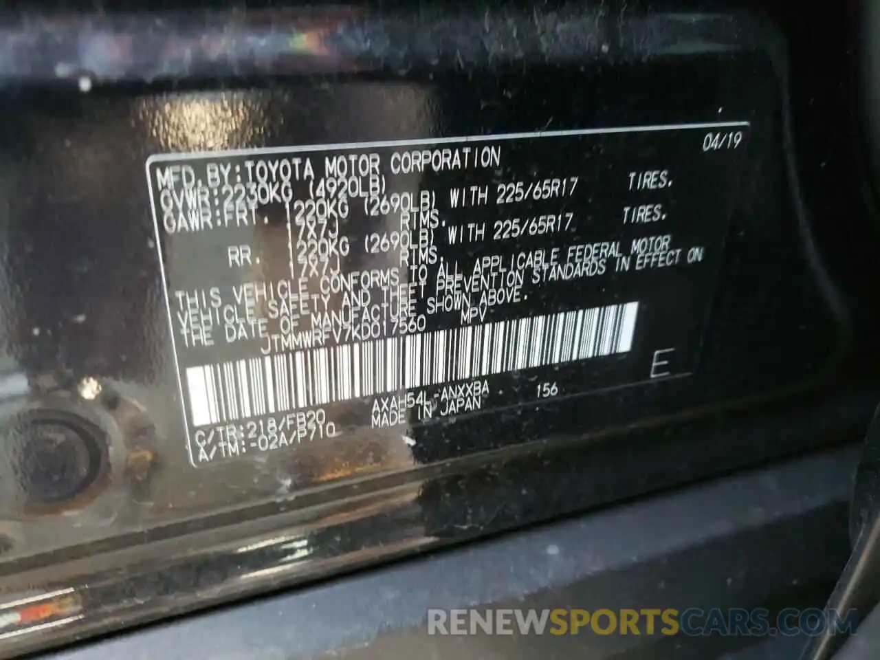 10 Photograph of a damaged car JTMMWRFV7KD017560 TOYOTA RAV4 2019