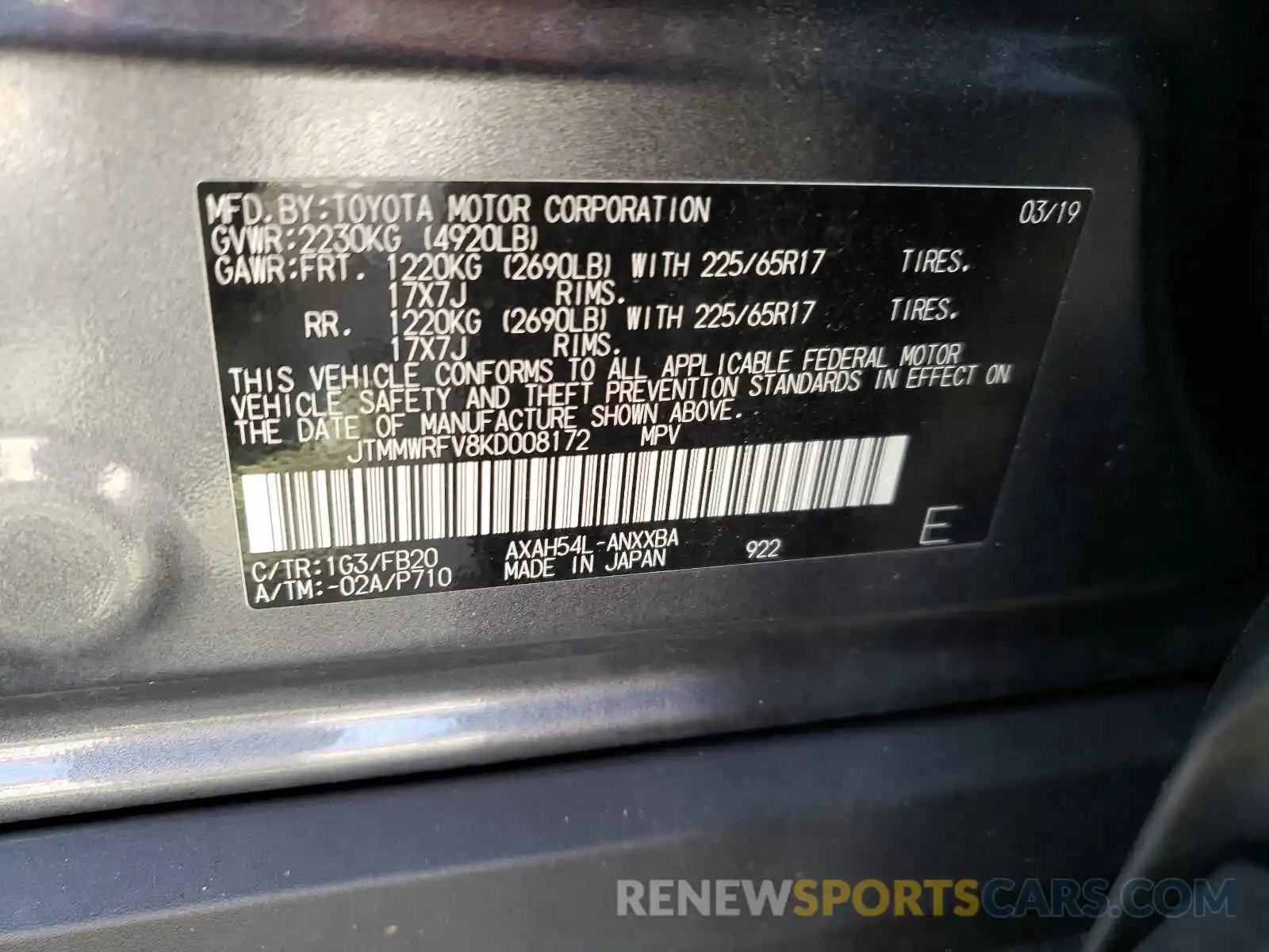 10 Фотография поврежденного автомобиля JTMMWRFV8KD008172 TOYOTA RAV4 2019