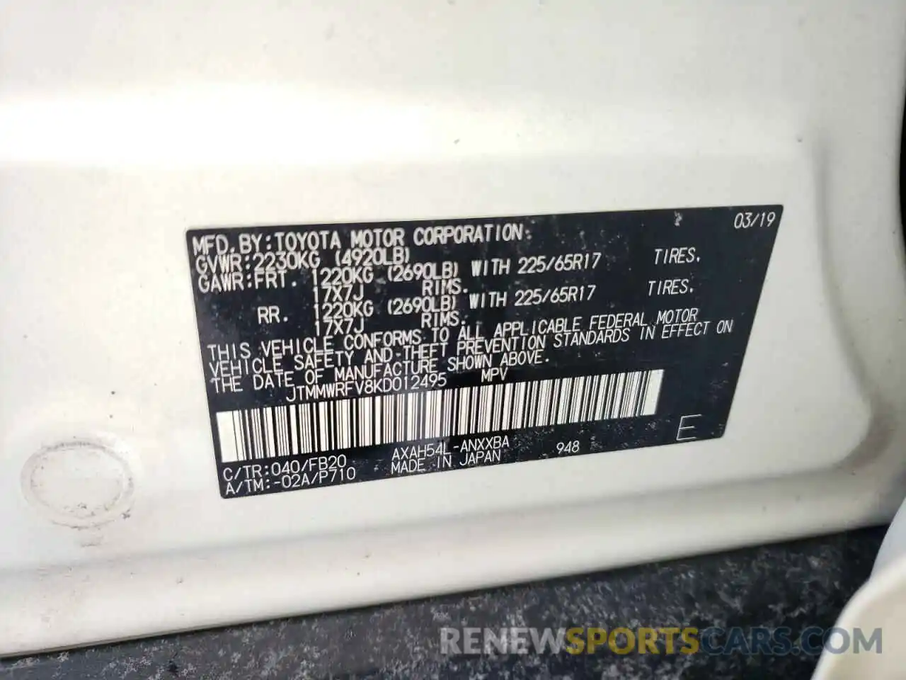 10 Photograph of a damaged car JTMMWRFV8KD012495 TOYOTA RAV4 2019