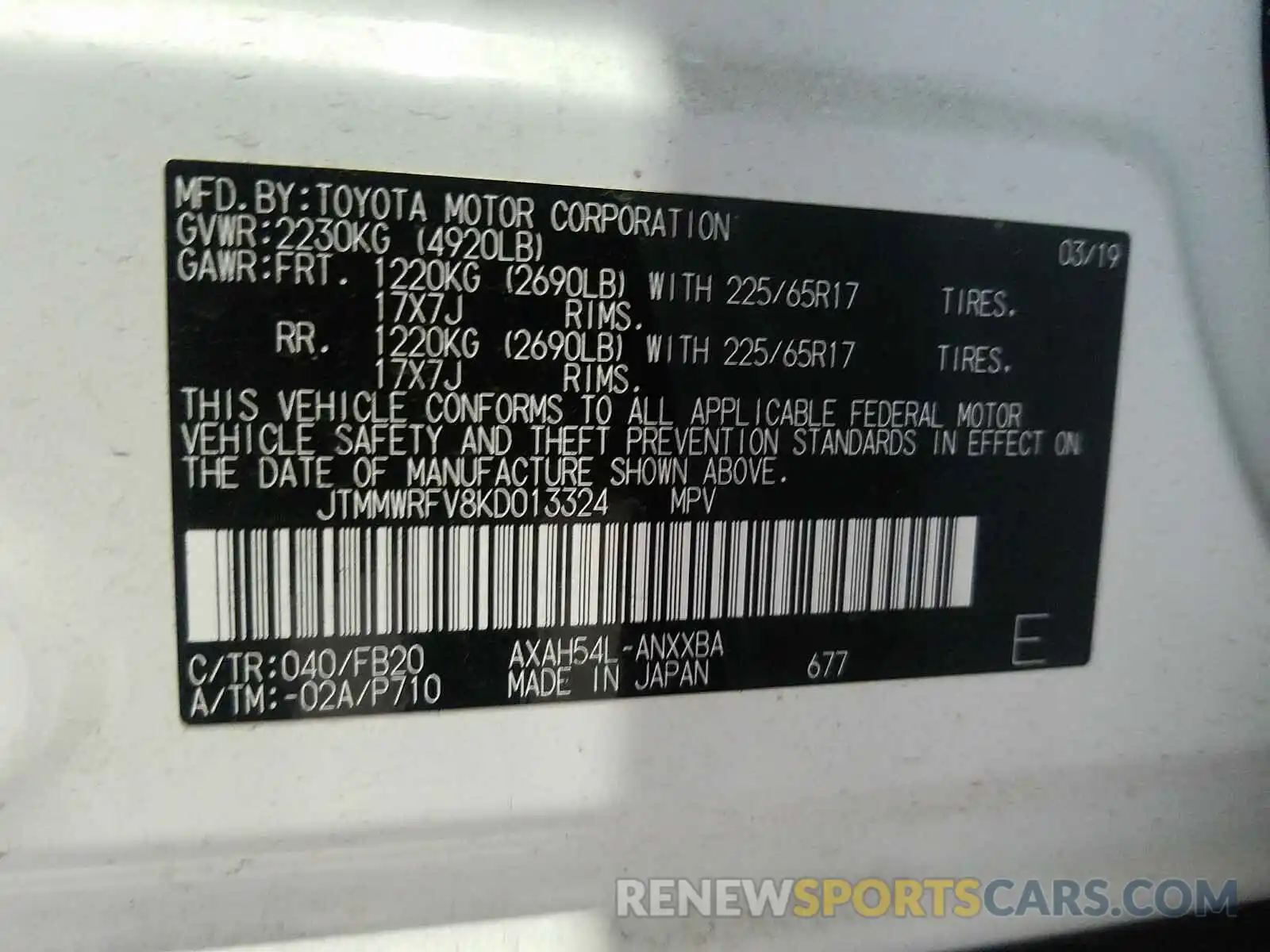 10 Фотография поврежденного автомобиля JTMMWRFV8KD013324 TOYOTA RAV4 2019