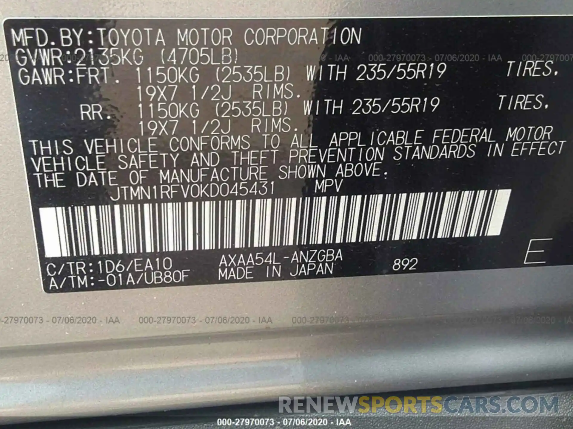 9 Фотография поврежденного автомобиля JTMN1RFV0KD045431 TOYOTA RAV4 2019