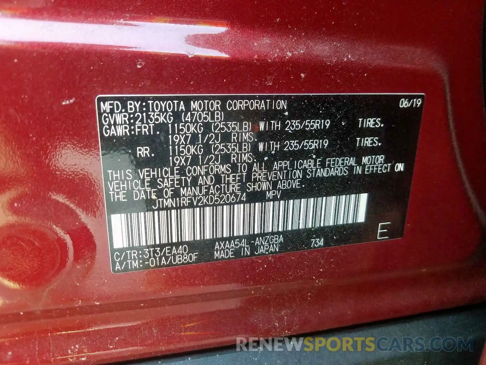 10 Photograph of a damaged car JTMN1RFV2KD520674 TOYOTA RAV4 2019