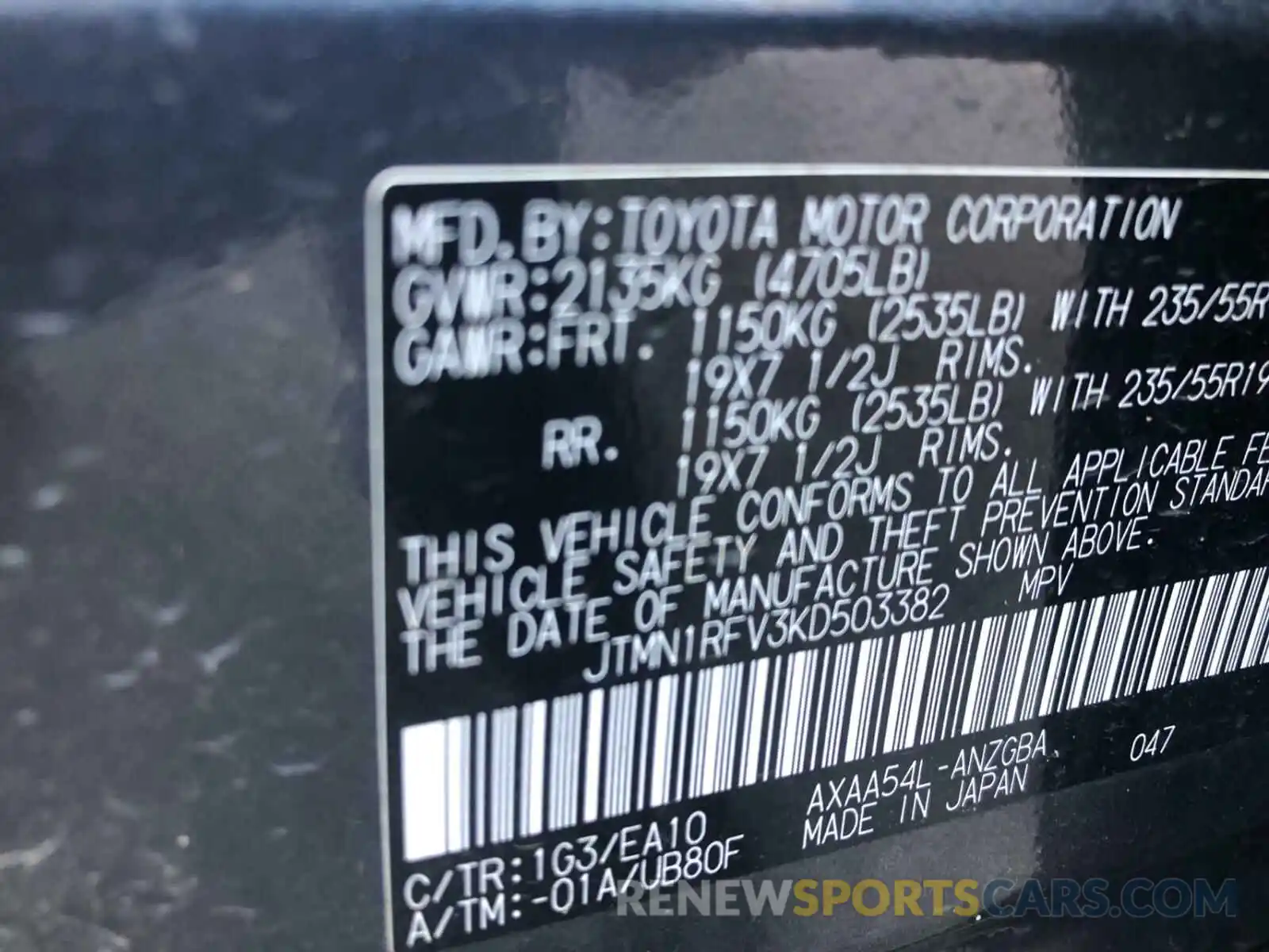 10 Photograph of a damaged car JTMN1RFV3KD503382 TOYOTA RAV4 2019