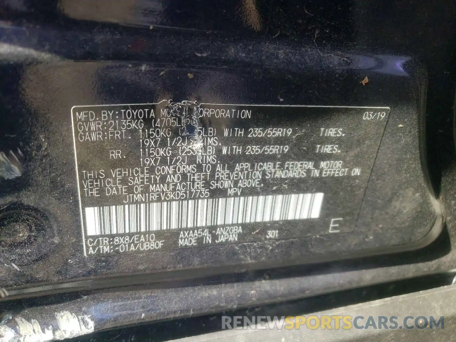 10 Photograph of a damaged car JTMN1RFV3KD517735 TOYOTA RAV4 2019