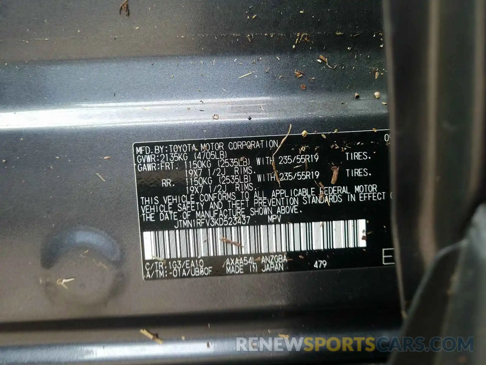 10 Photograph of a damaged car JTMN1RFV3KD523437 TOYOTA RAV4 2019