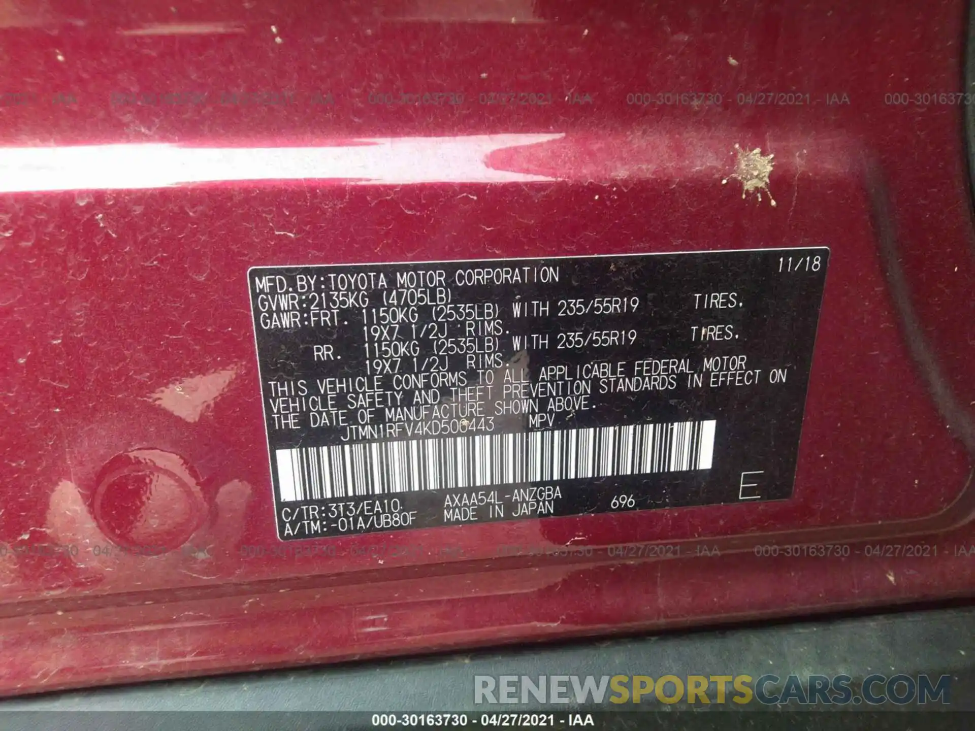 9 Фотография поврежденного автомобиля JTMN1RFV4KD500443 TOYOTA RAV4 2019