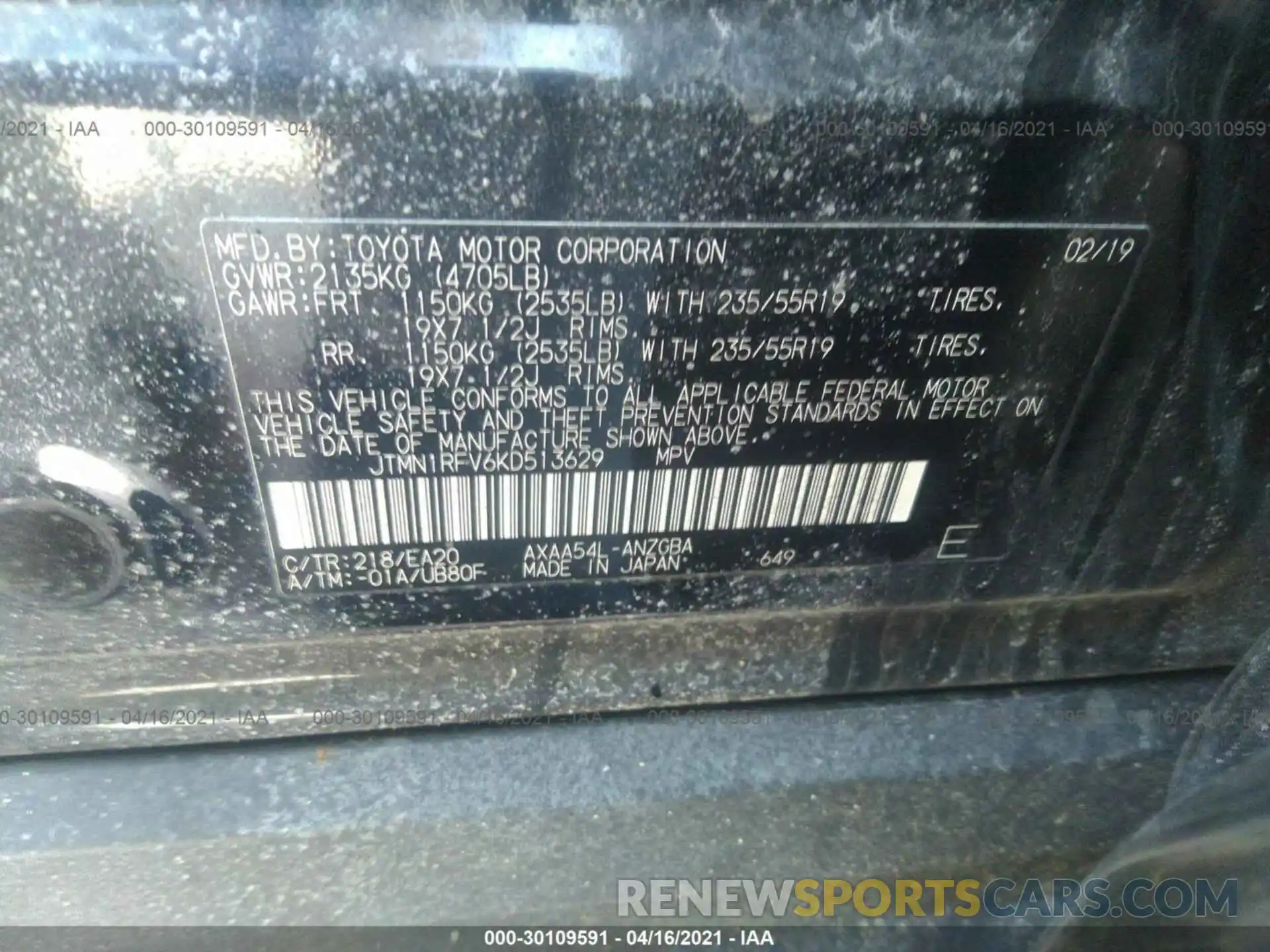 9 Photograph of a damaged car JTMN1RFV6KD513629 TOYOTA RAV4 2019