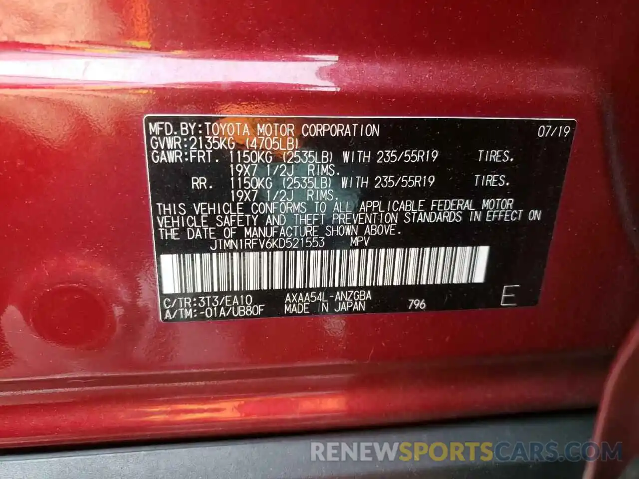 10 Photograph of a damaged car JTMN1RFV6KD521553 TOYOTA RAV4 2019