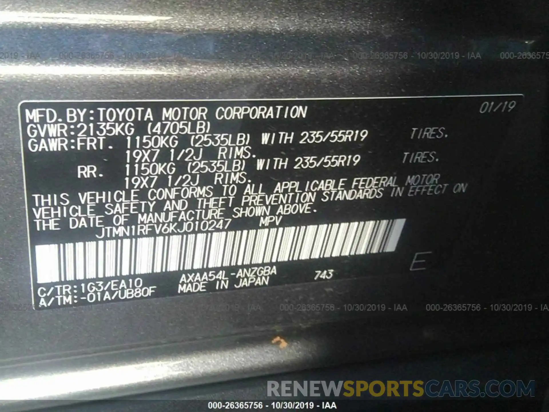 9 Фотография поврежденного автомобиля JTMN1RFV6KJ010247 TOYOTA RAV4 2019