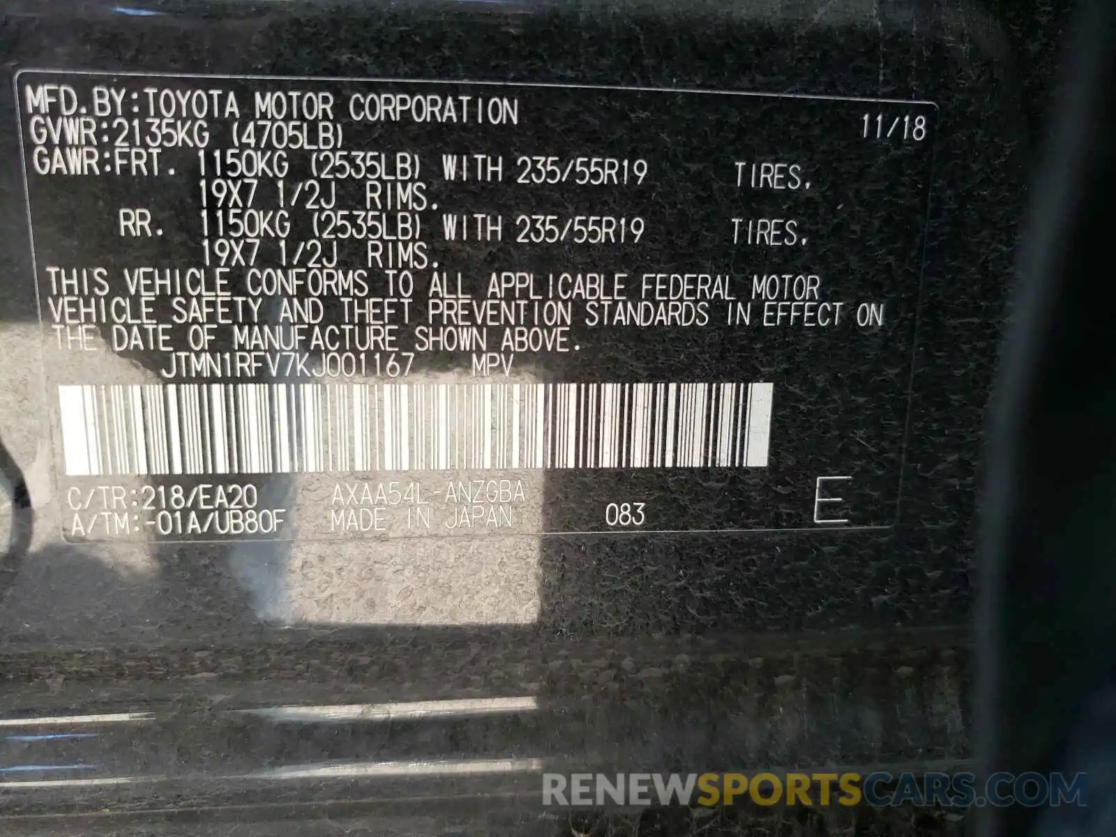 10 Фотография поврежденного автомобиля JTMN1RFV7KJ001167 TOYOTA RAV4 2019