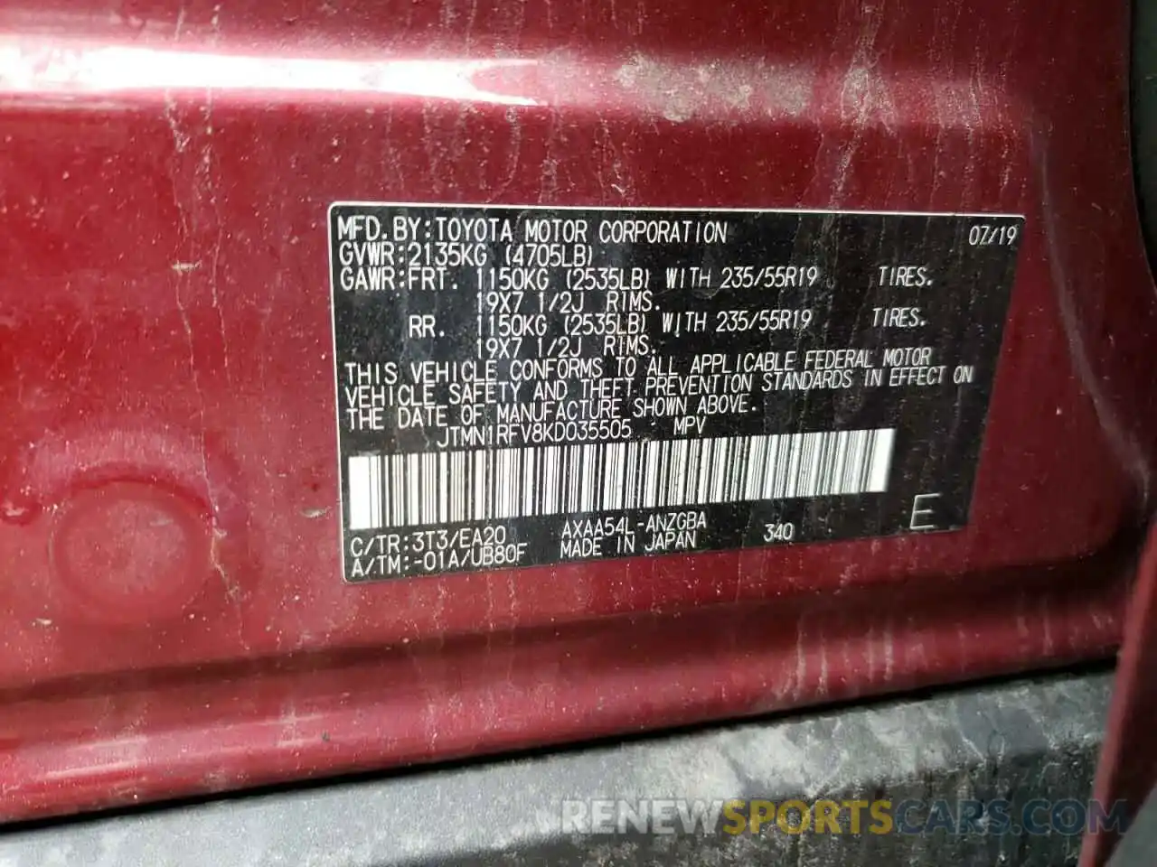 10 Photograph of a damaged car JTMN1RFV8KD035505 TOYOTA RAV4 2019