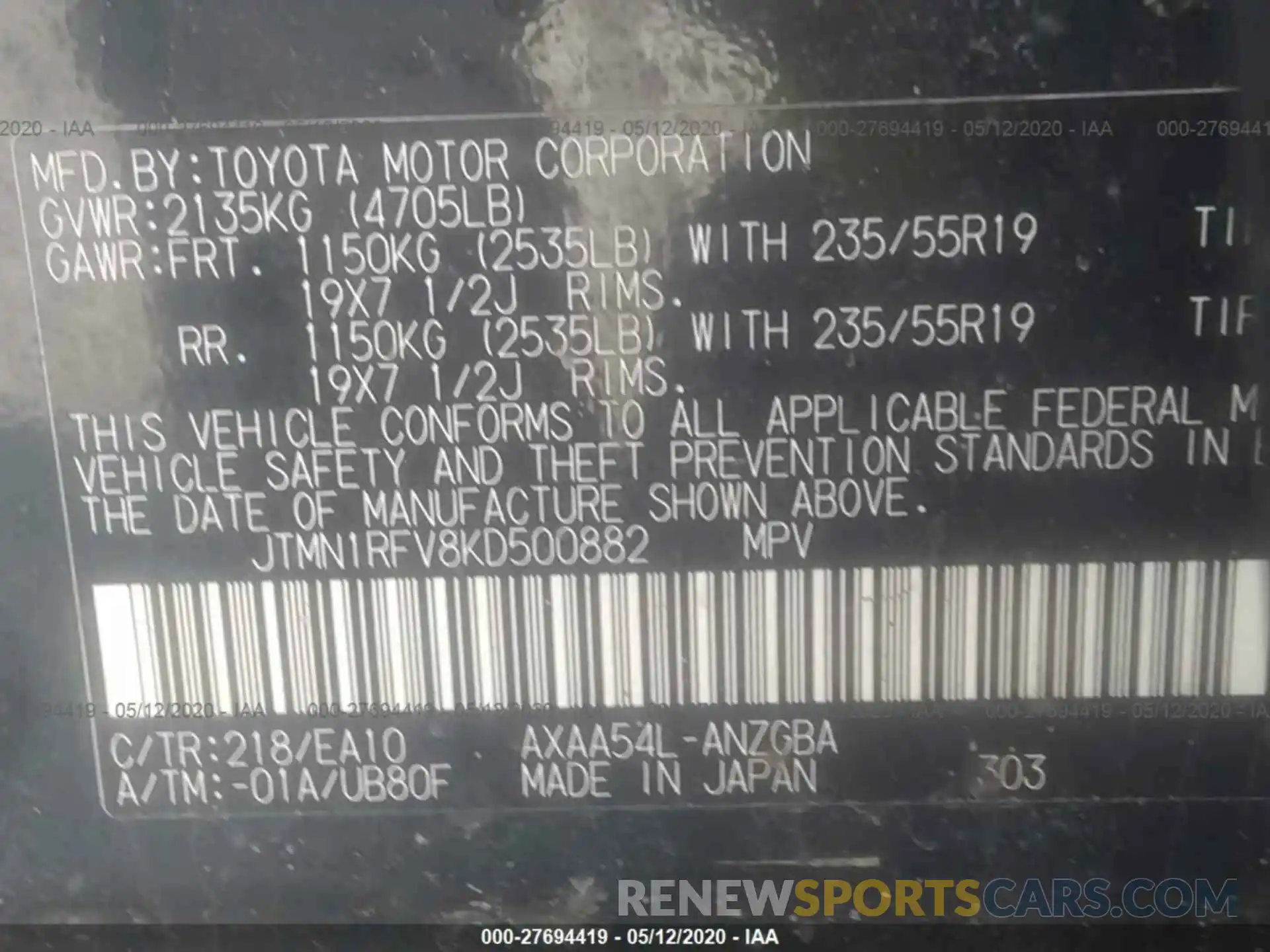 9 Фотография поврежденного автомобиля JTMN1RFV8KD500882 TOYOTA RAV4 2019