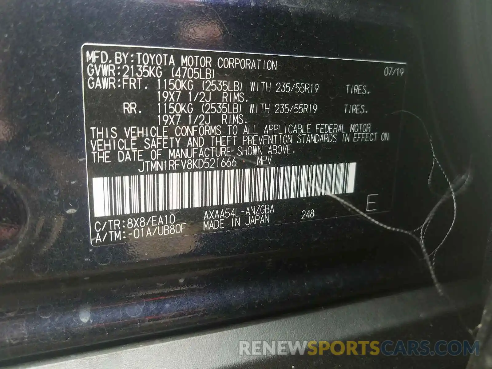 10 Фотография поврежденного автомобиля JTMN1RFV8KD521666 TOYOTA RAV4 2019