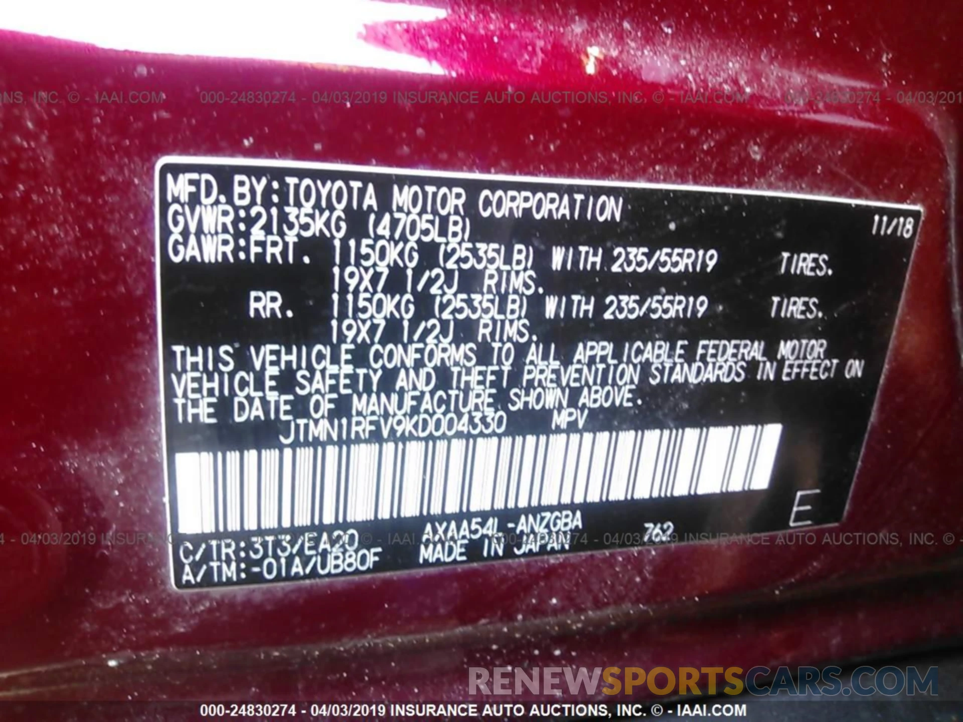 9 Photograph of a damaged car JTMN1RFV9KD004330 TOYOTA RAV4 2019