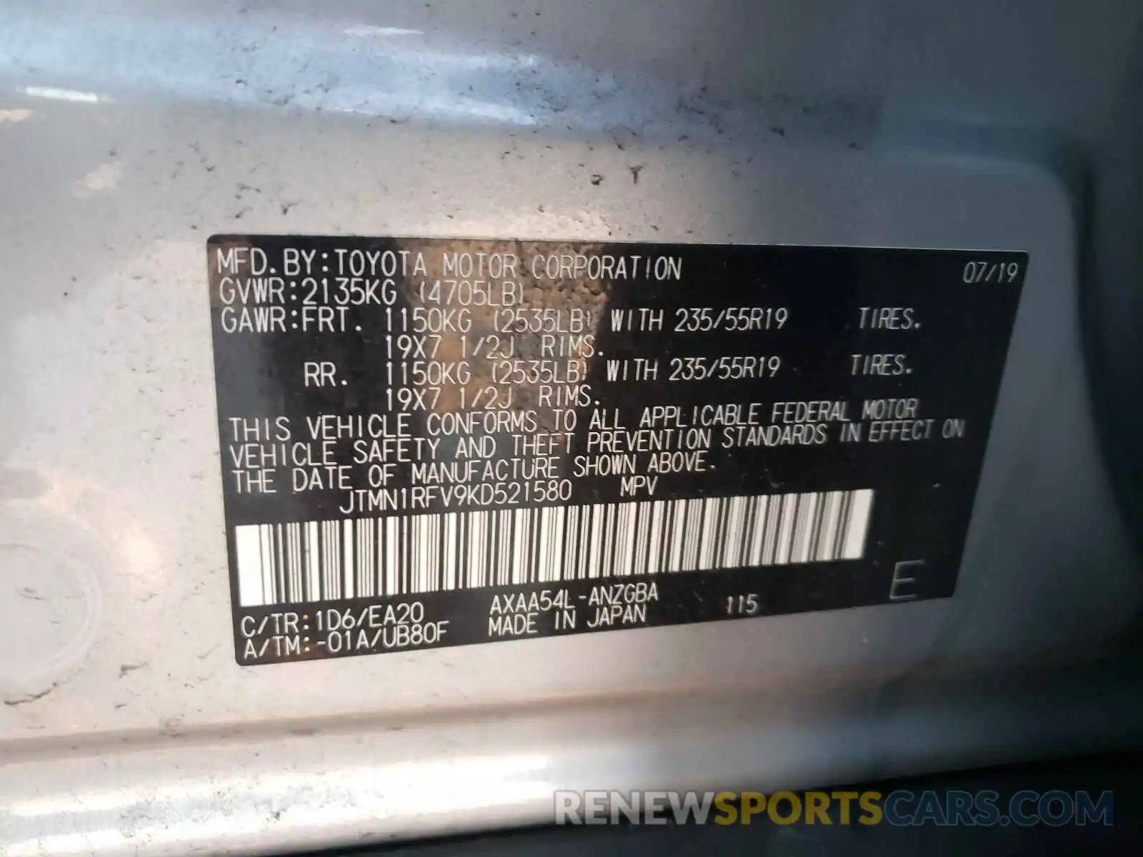 10 Photograph of a damaged car JTMN1RFV9KD521580 TOYOTA RAV4 2019