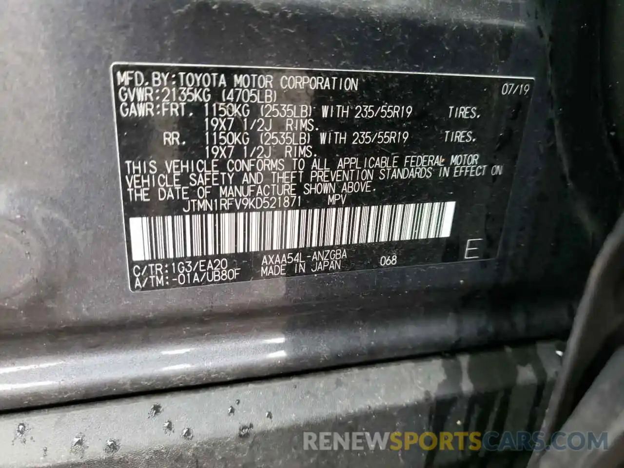 10 Фотография поврежденного автомобиля JTMN1RFV9KD521871 TOYOTA RAV4 2019