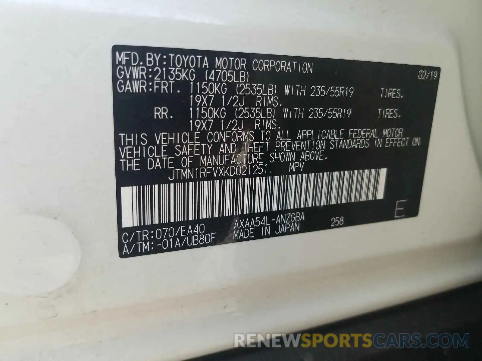 10 Photograph of a damaged car JTMN1RFVXKD021251 TOYOTA RAV4 2019